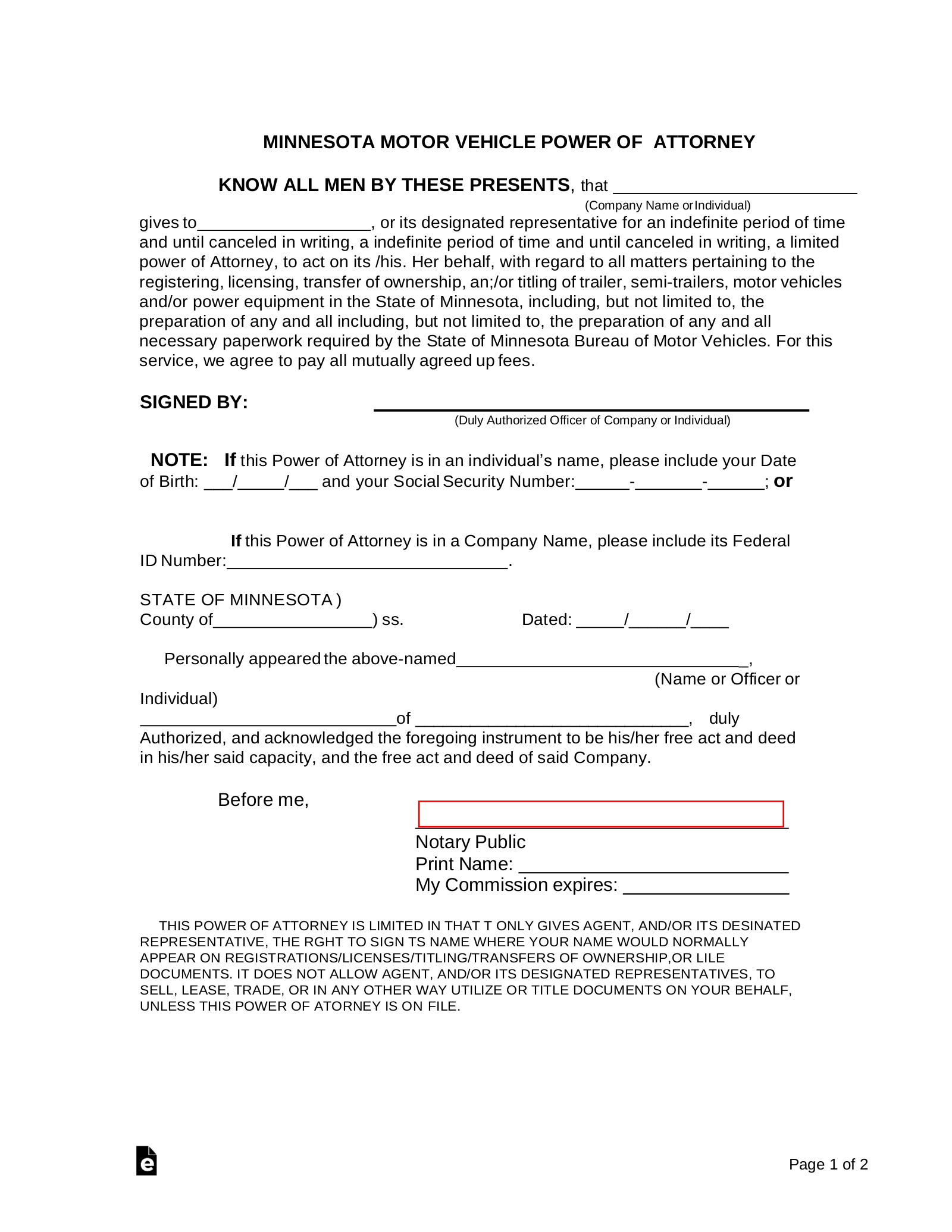 Free Minnesota Vehicle Power Of Attorney Form PDF Word EForms