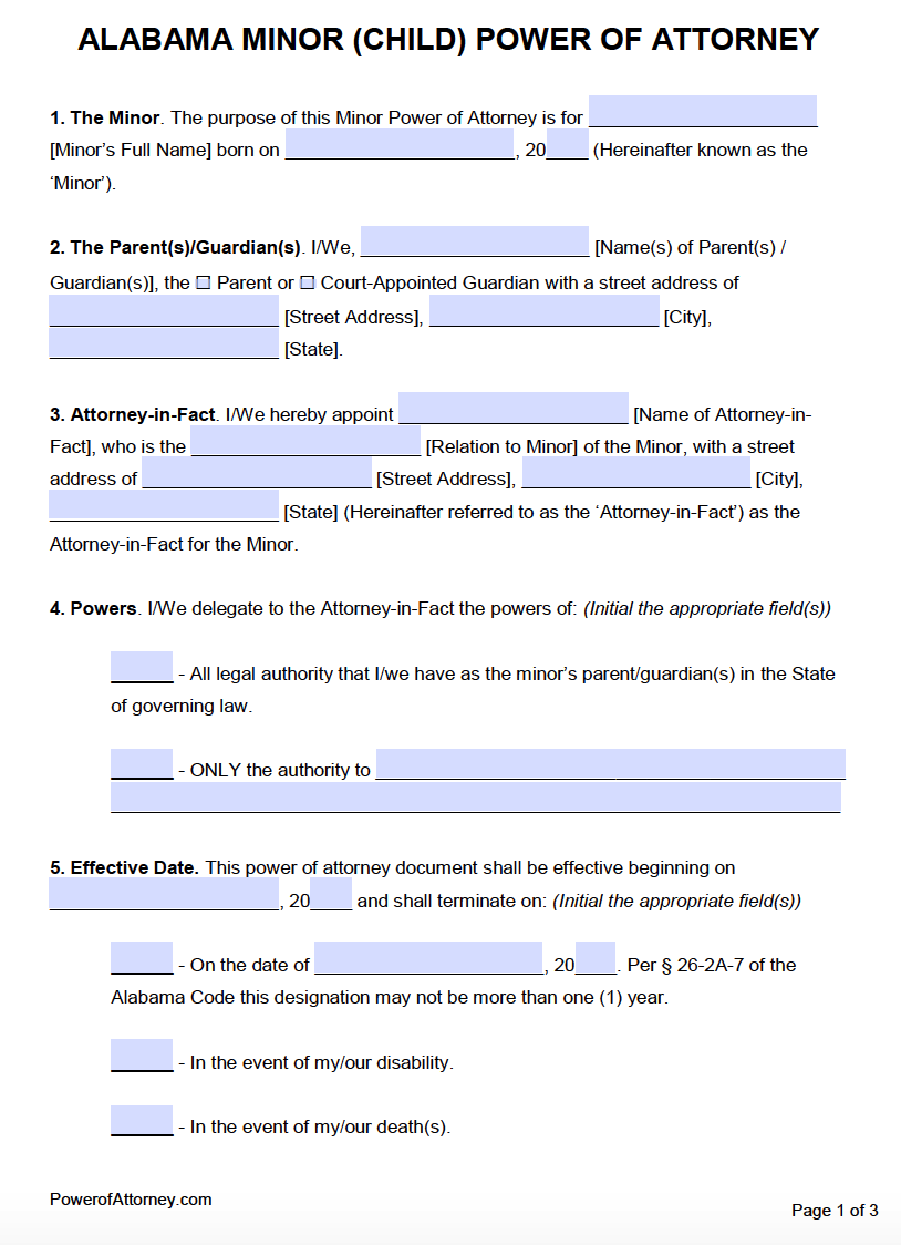 Free Minor Child Power Of Attorney Form Alabama