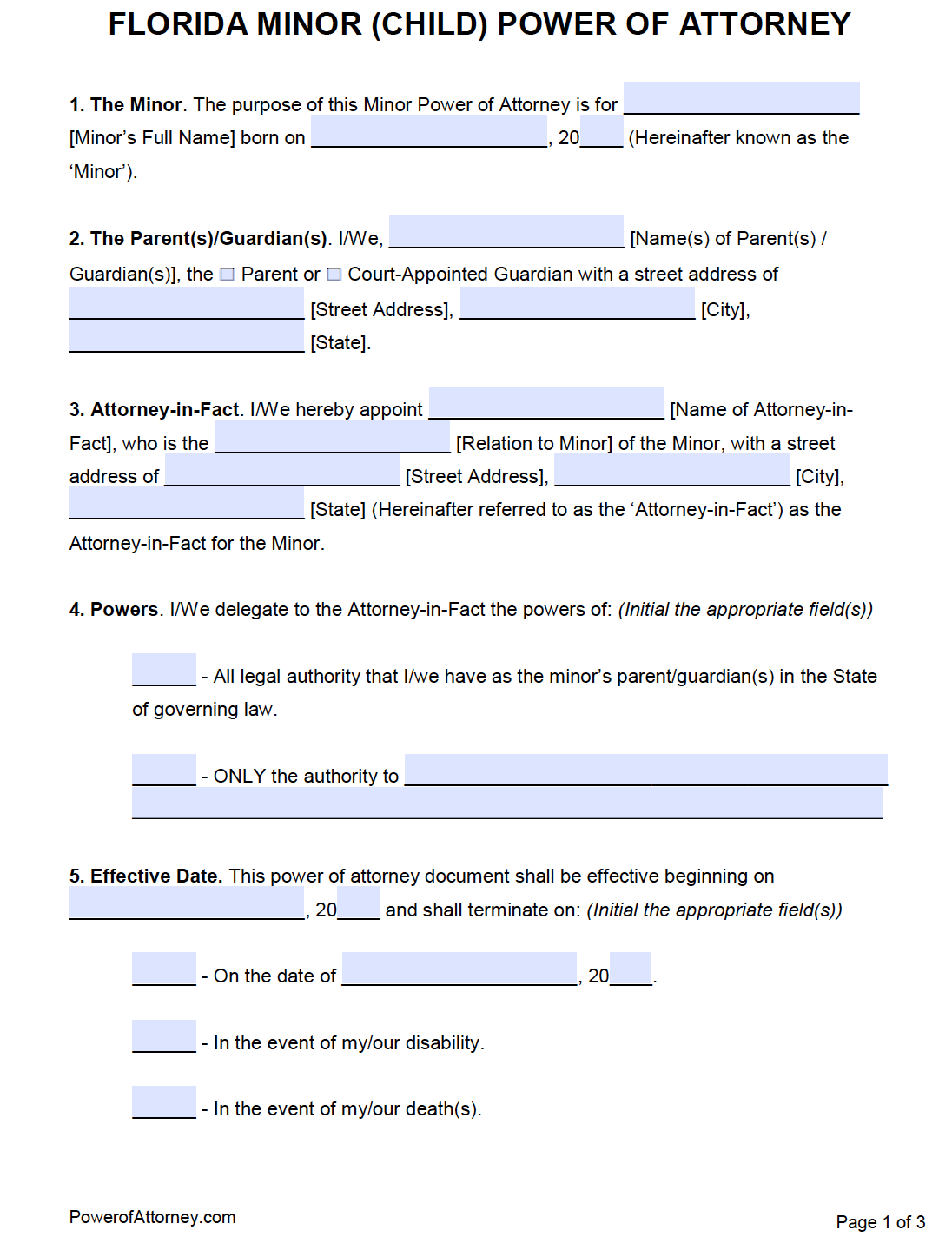Free Minor Child Power Of Attorney Form Florida