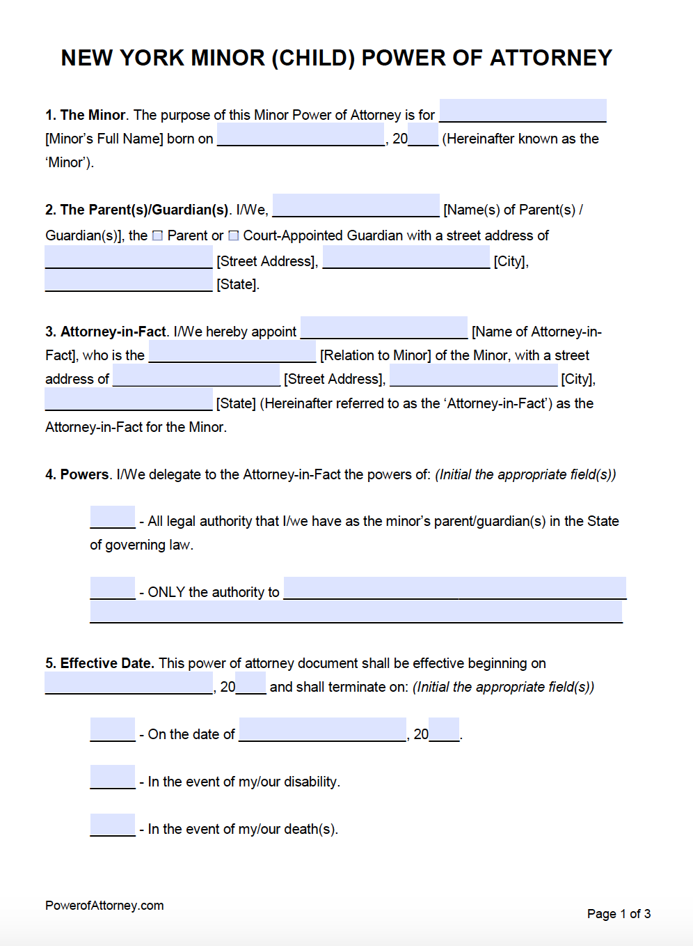 Free Minor Child Power Of Attorney Form New York