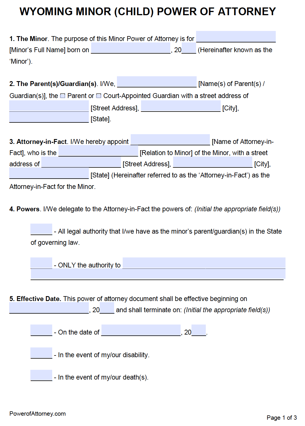 Free Minor Child Power Of Attorney Form Wyoming