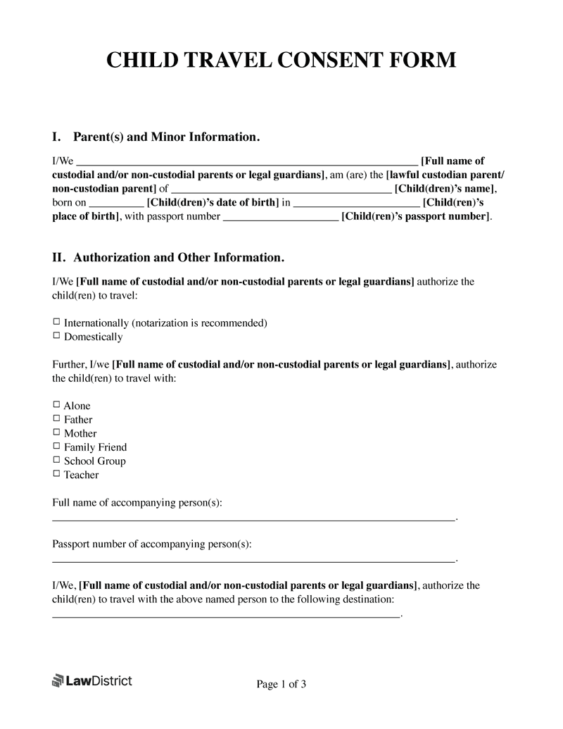 Free Minor Child Travel Consent Form LawDistrict