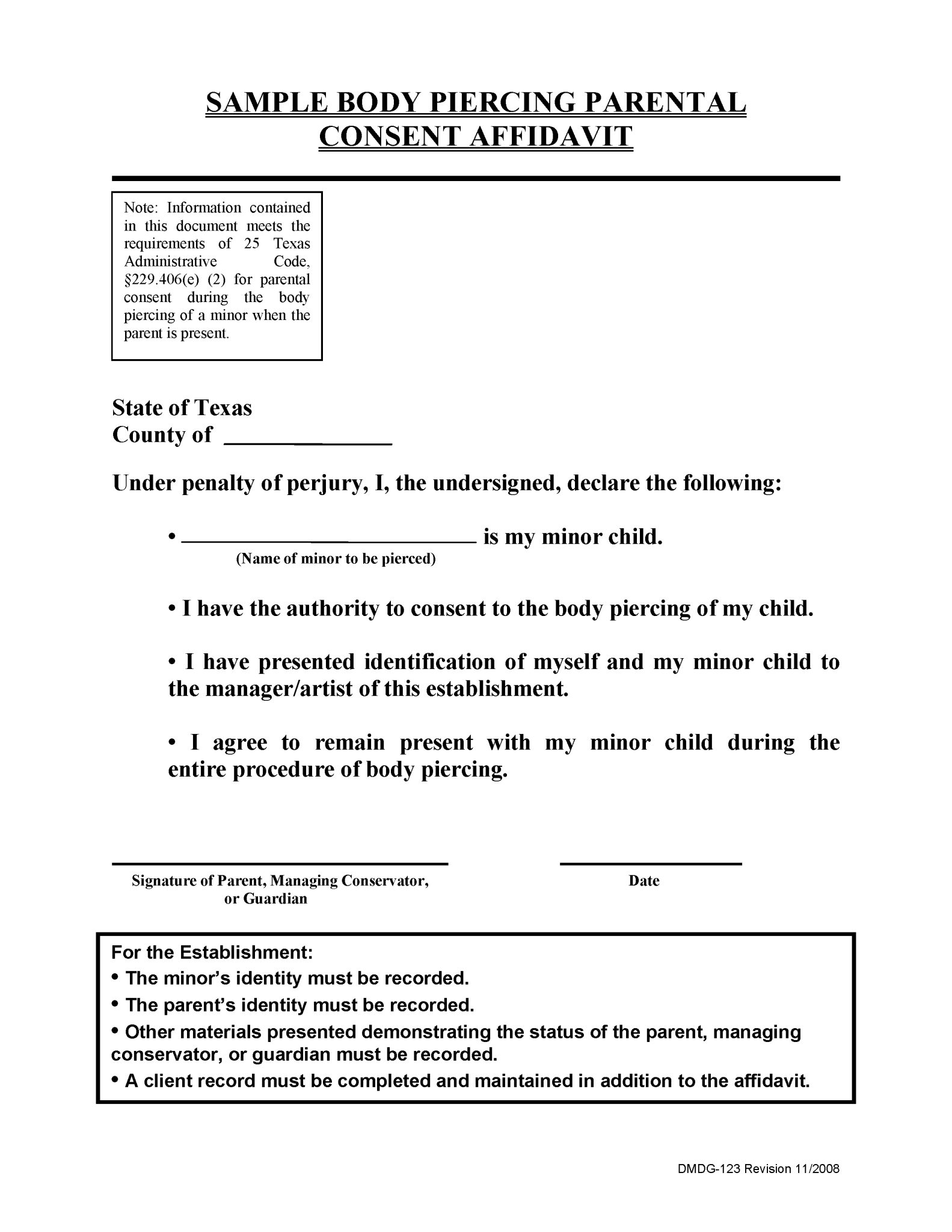 Free Minor Piercing Consent Form PDF Word
