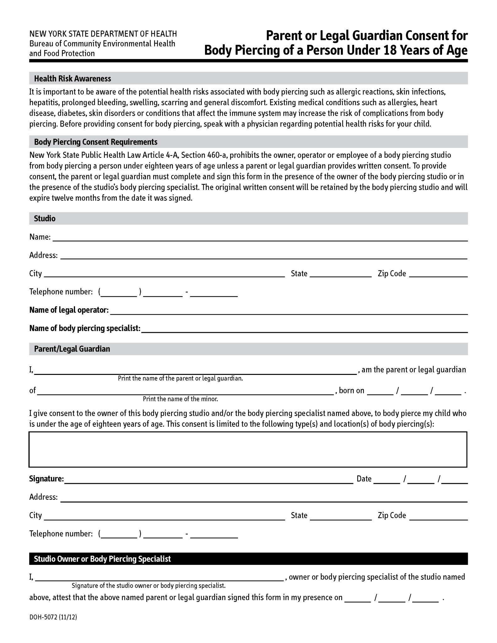 Free Minor Piercing Consent Form PDF Word