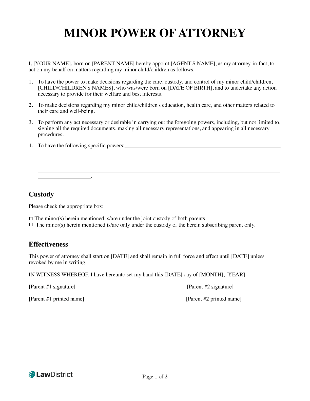 Free Minor Power Of Attorney PDF U0026 Word Template LawDistrict