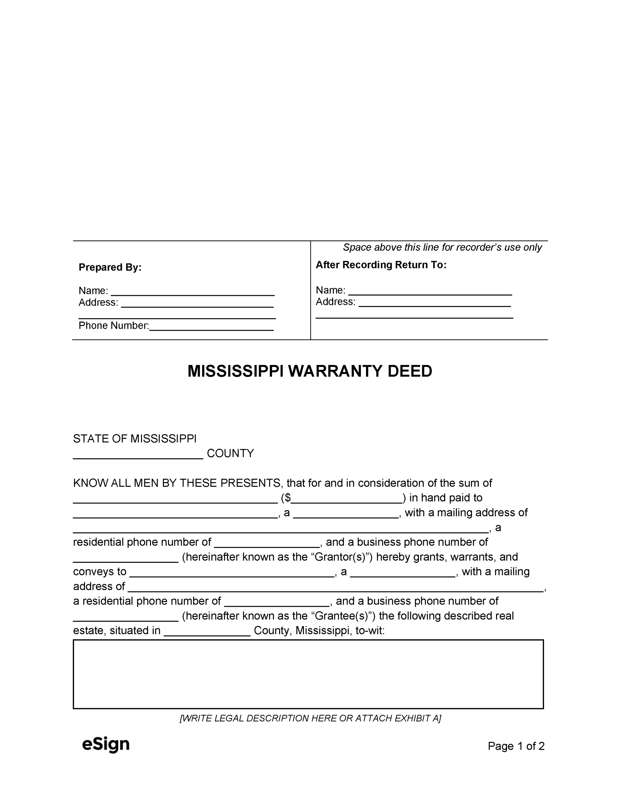 Free Mississippi Deed Forms PDF Word