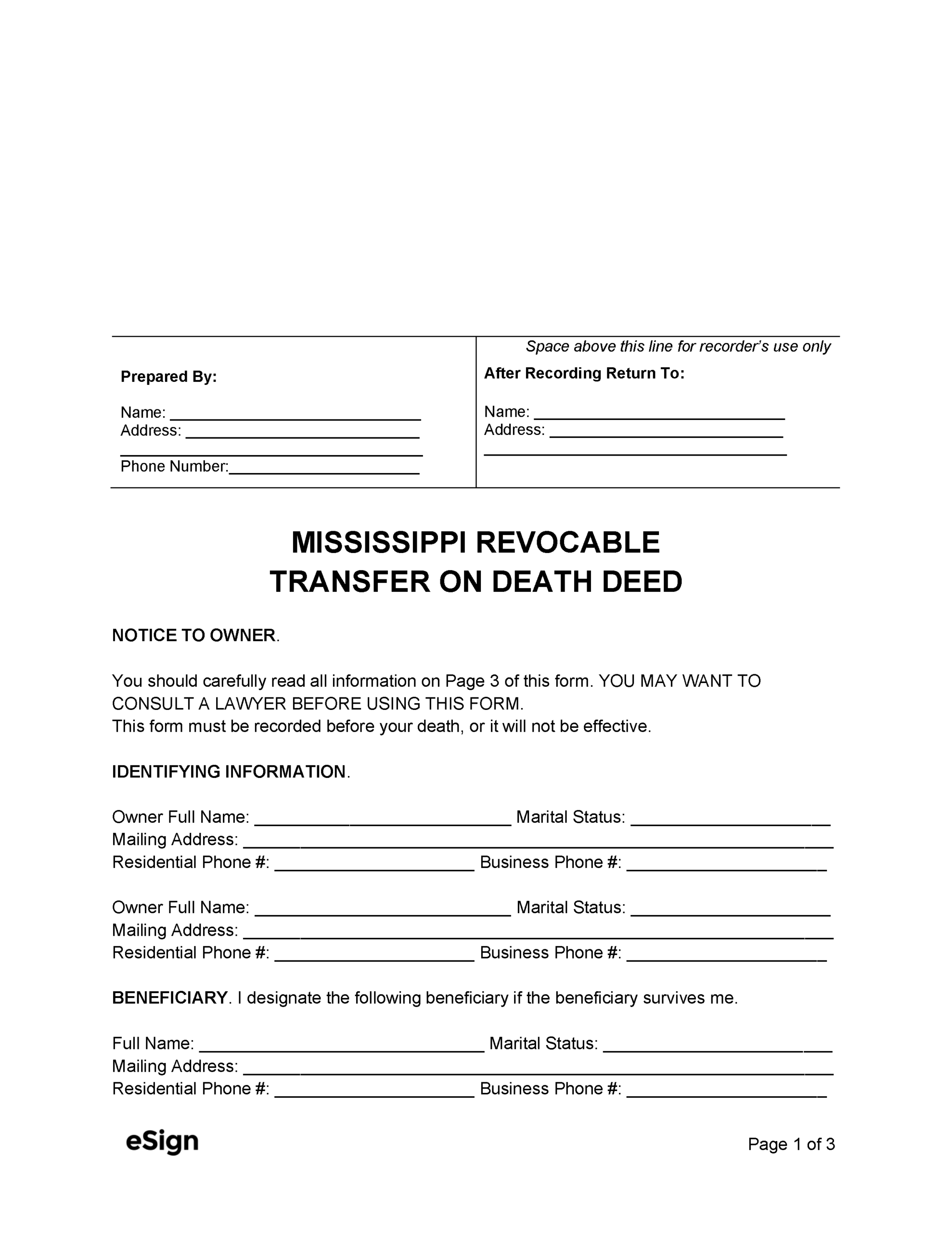 Free Mississippi Transfer On Death Deed Form PDF Word