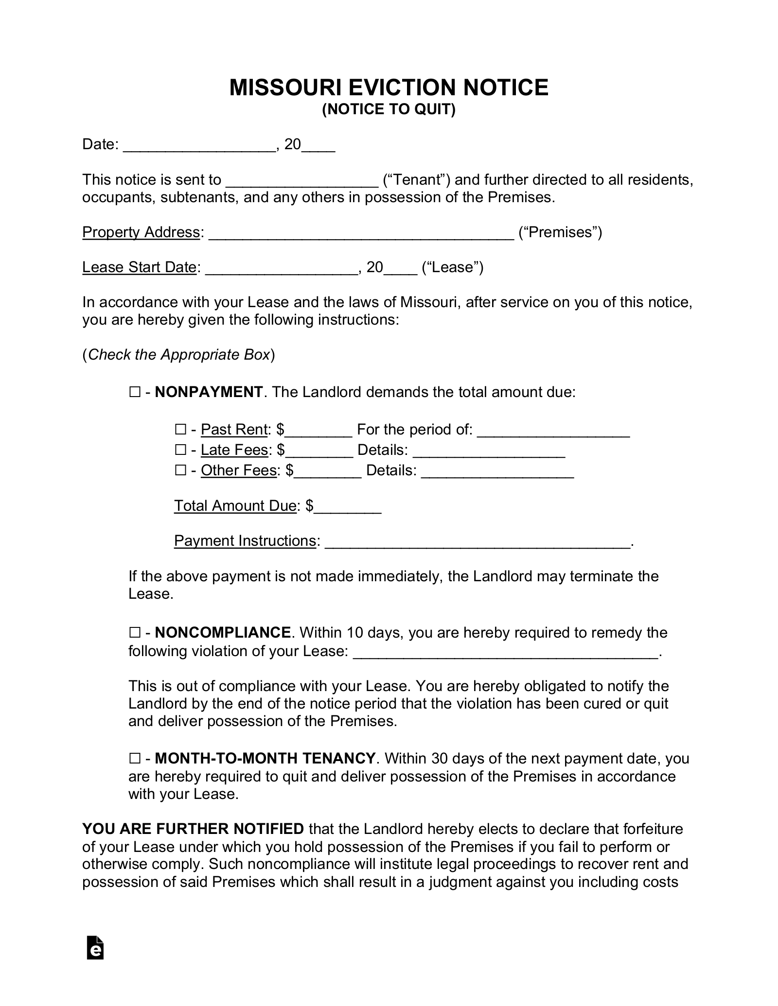 Free Missouri Eviction Notice Forms 3 PDF Word EForms