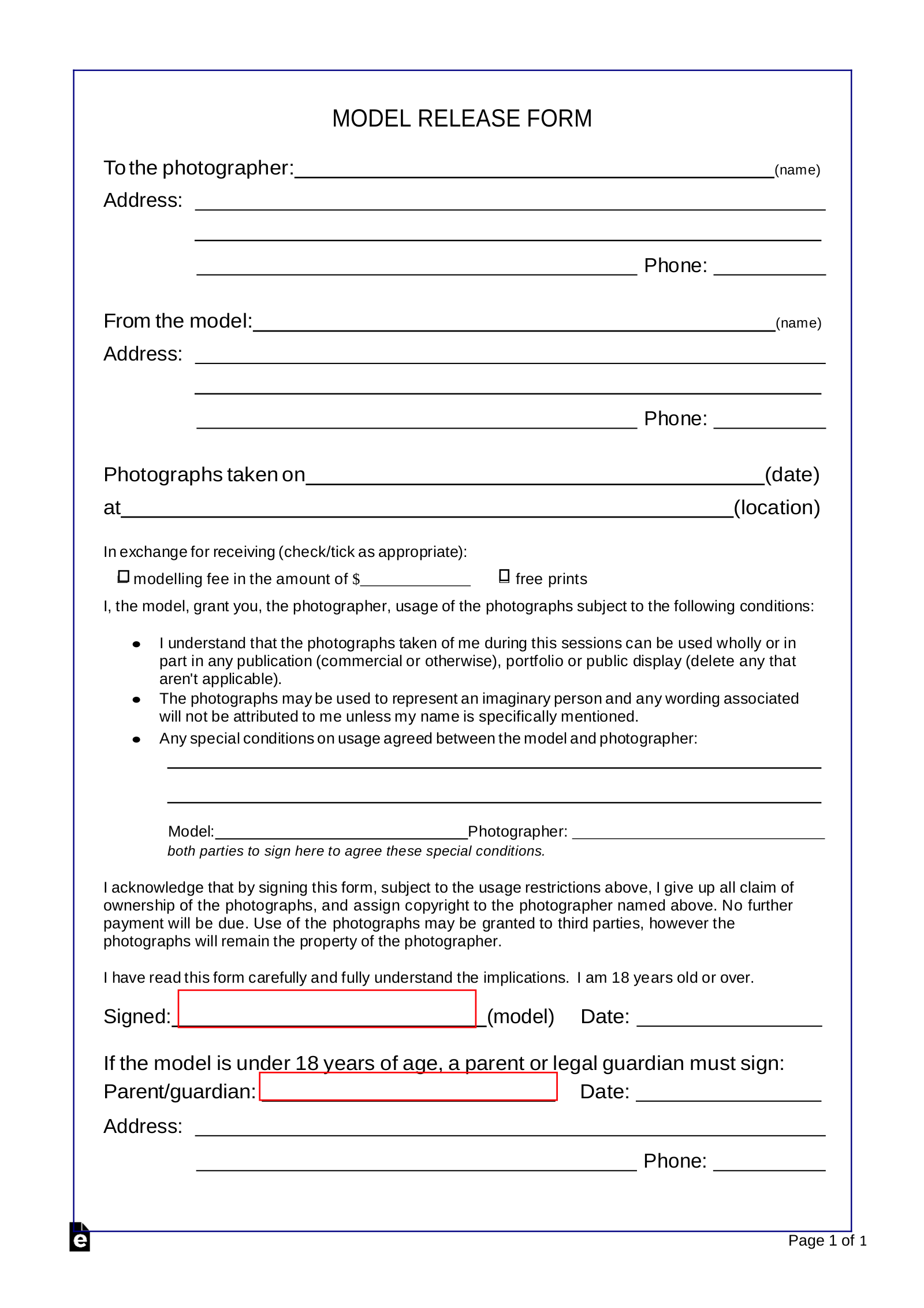 Free Model Photo Copyright Release Form PDF EForms