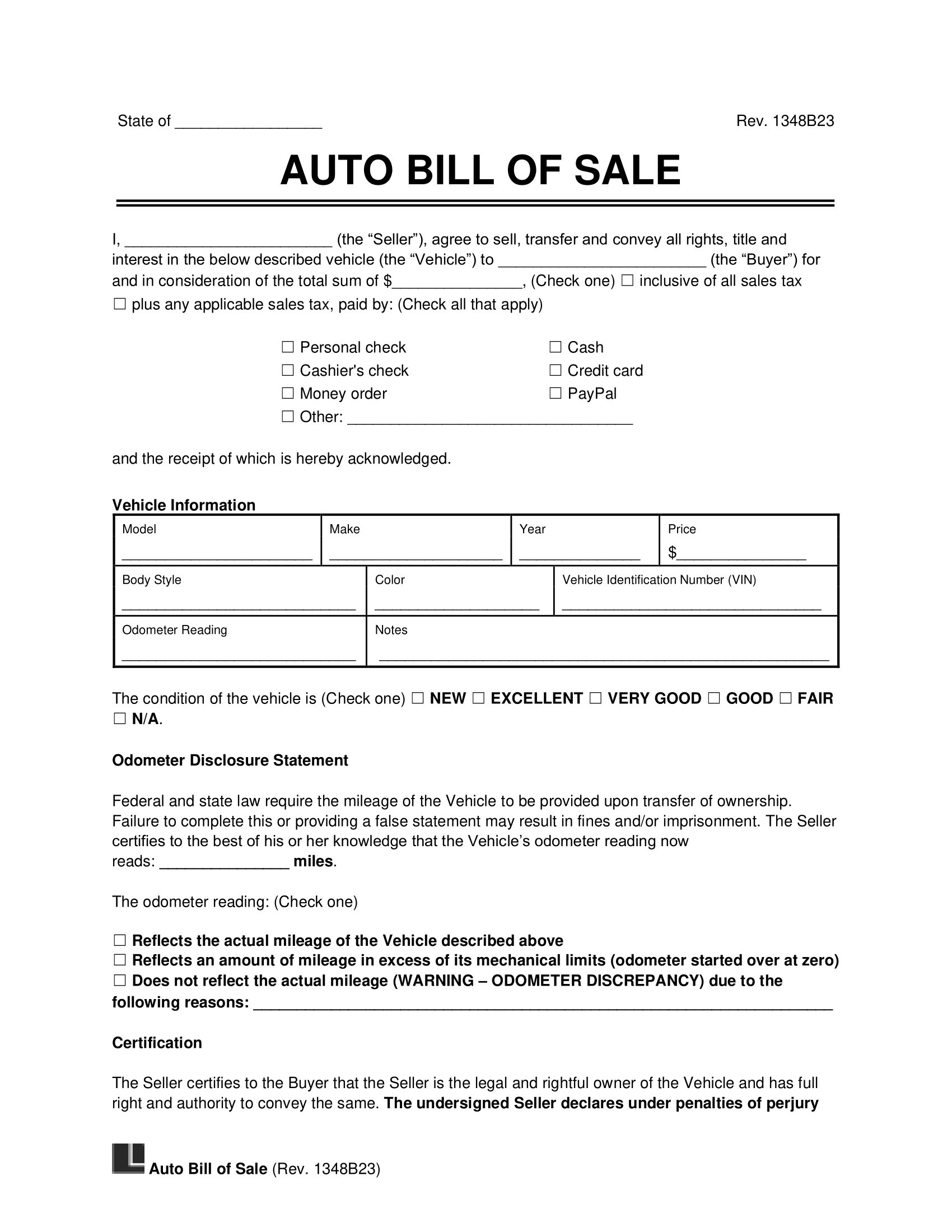 Free Forms To Sell A Vehicle Printable