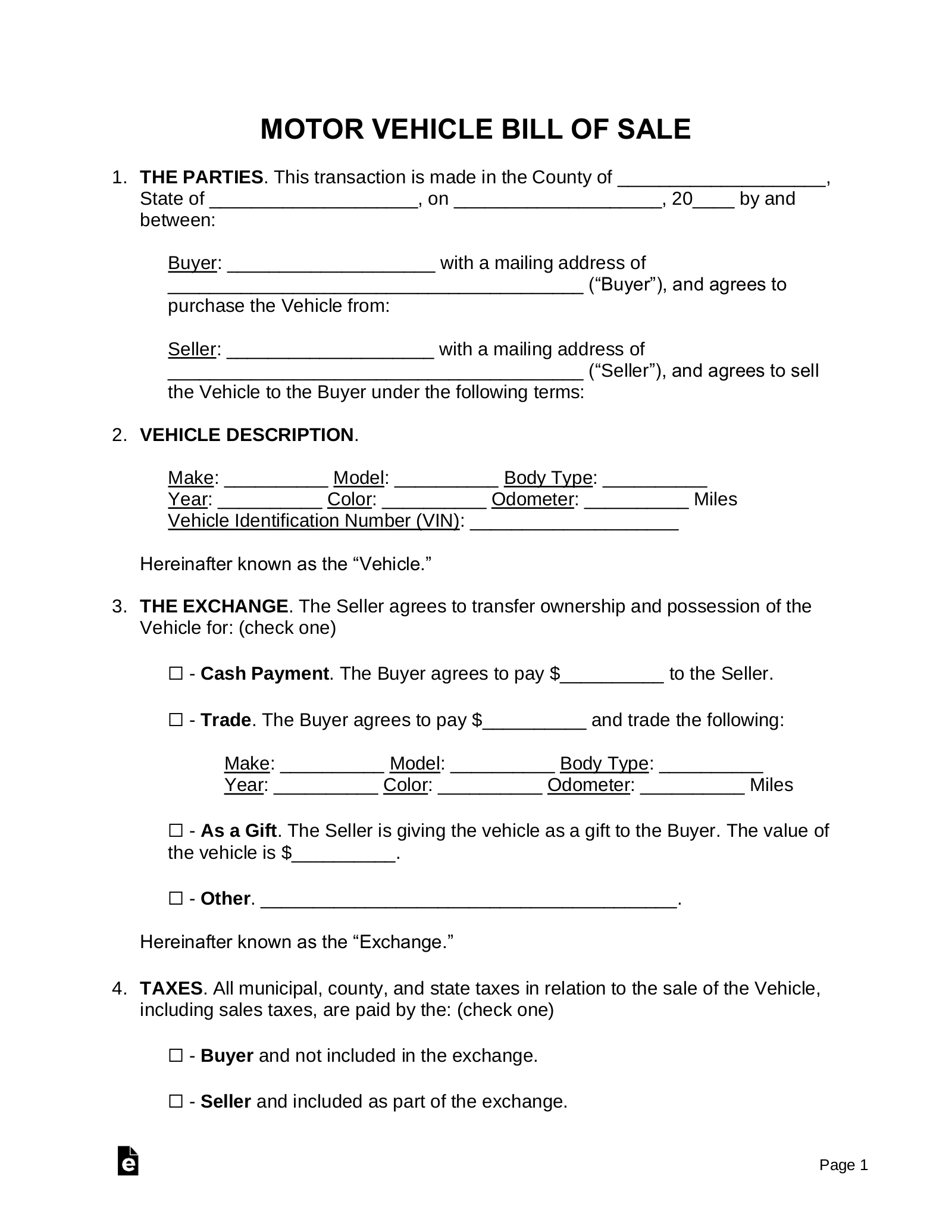Bill Sale Form Free Printable