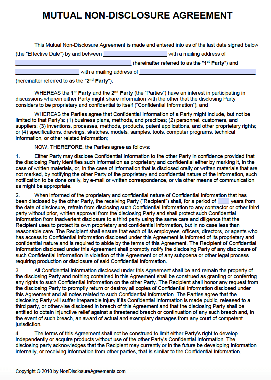 Free Mutual Non Disclosure Agreement NDA Template PDF Word
