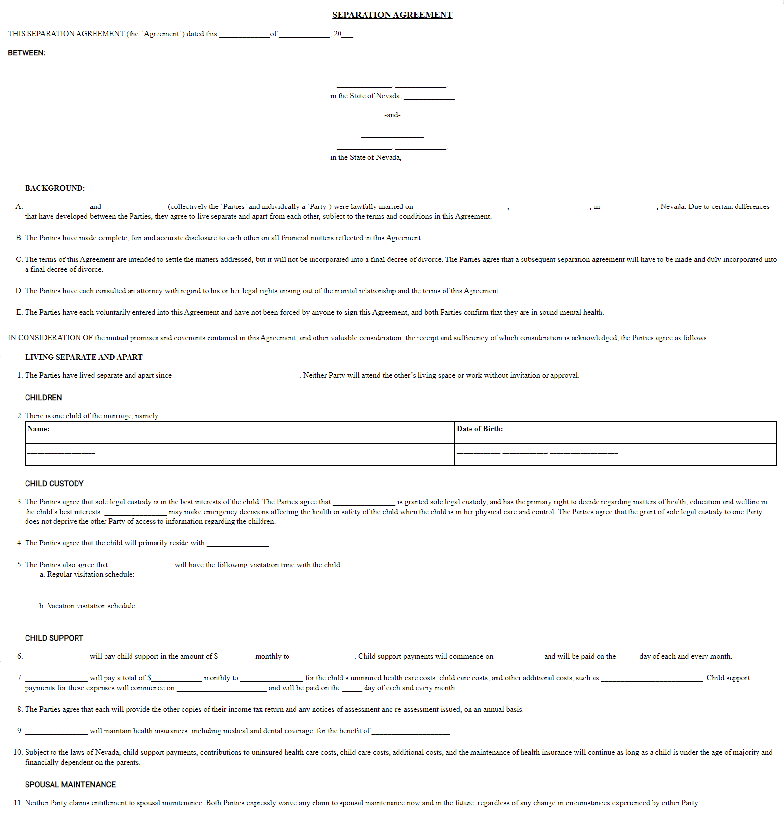 Free Nevada Marital Separation Legal Agreement Forms Forms Legal