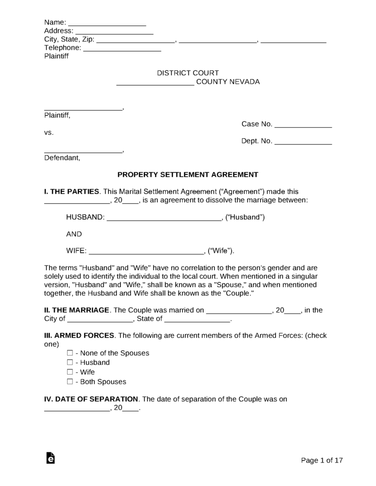Free Nevada Marital Settlement Divorce Agreement PDF Word EForms