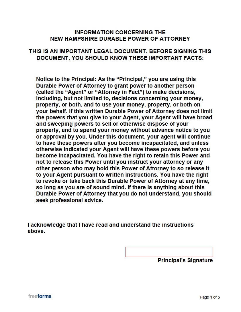 Free New Hampshire Durable Financial Power Of Attorney Form 