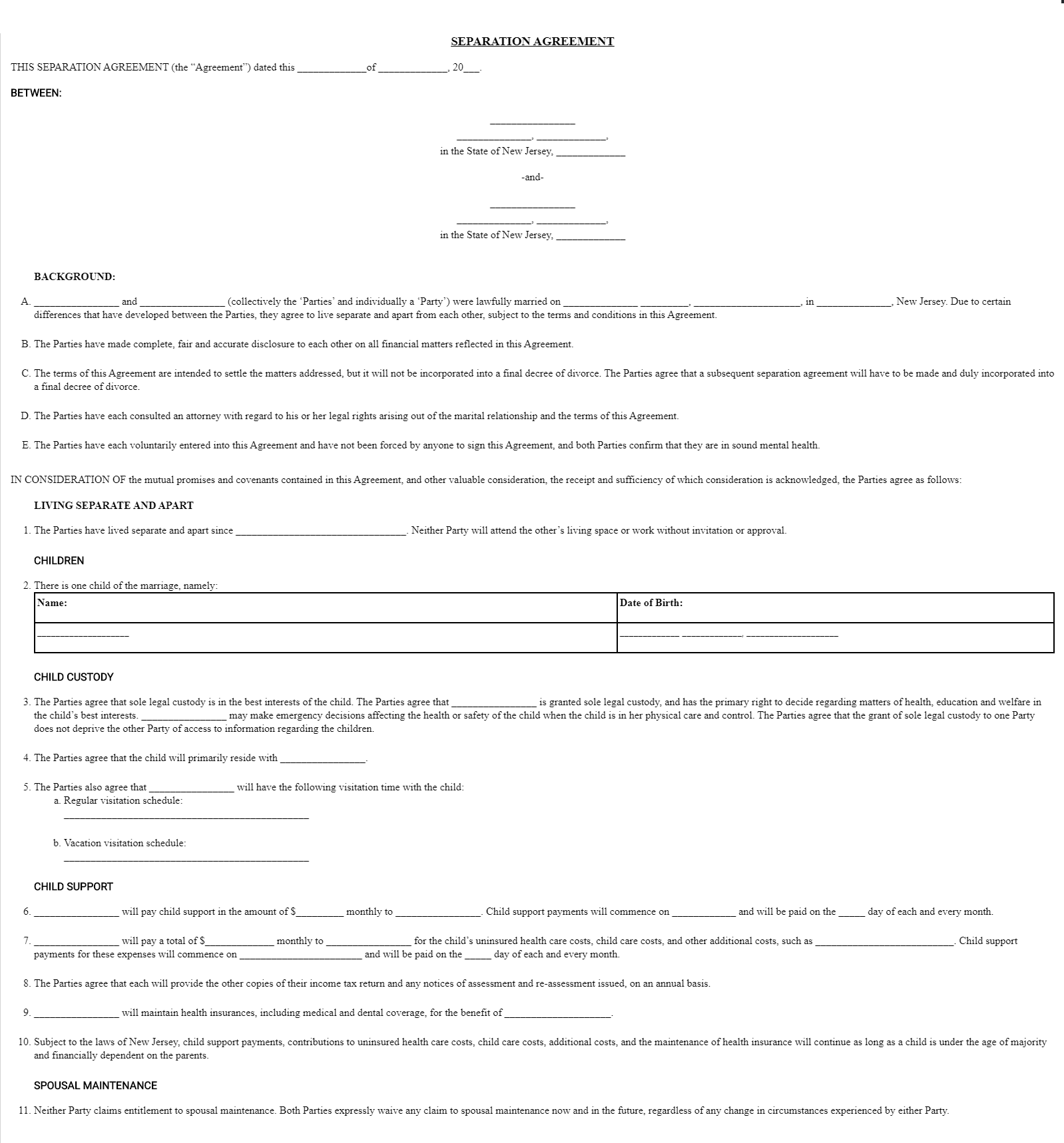 Free New Jersey Marital Separation Agreement Legal Separation 
