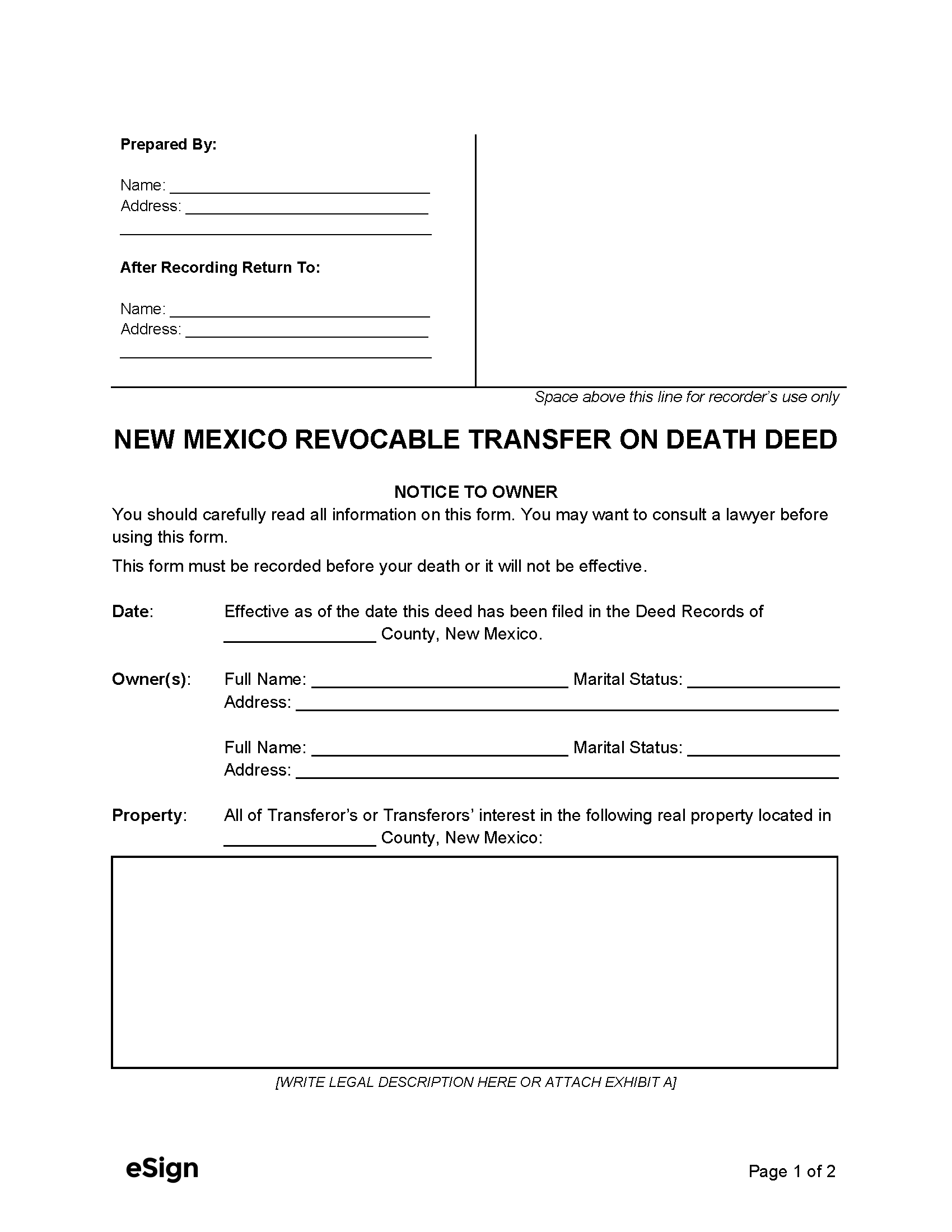 Free New Mexico Transfer On Death Deed PDF Word