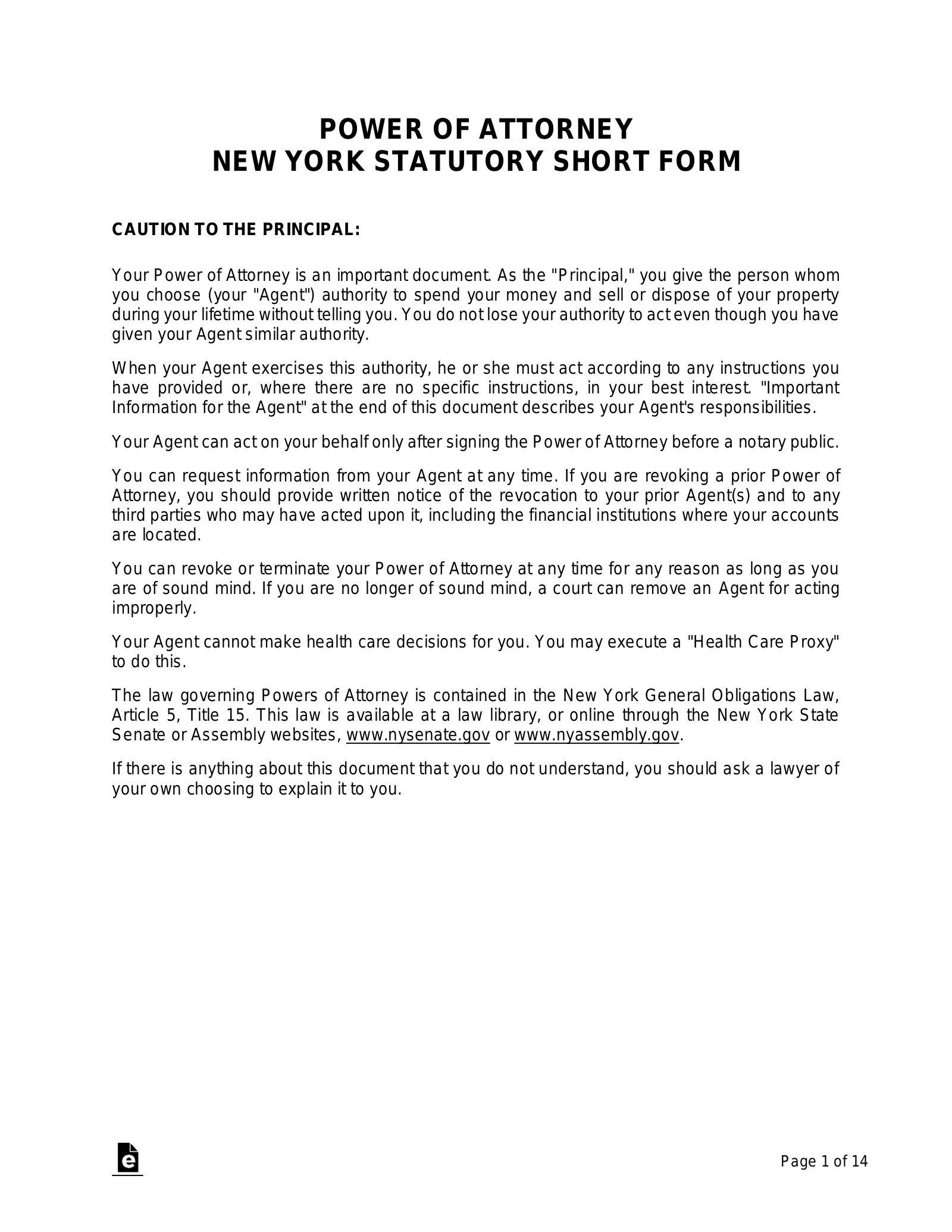 Free New York Durable Statutory Power Of Attorney PDF Word EForms