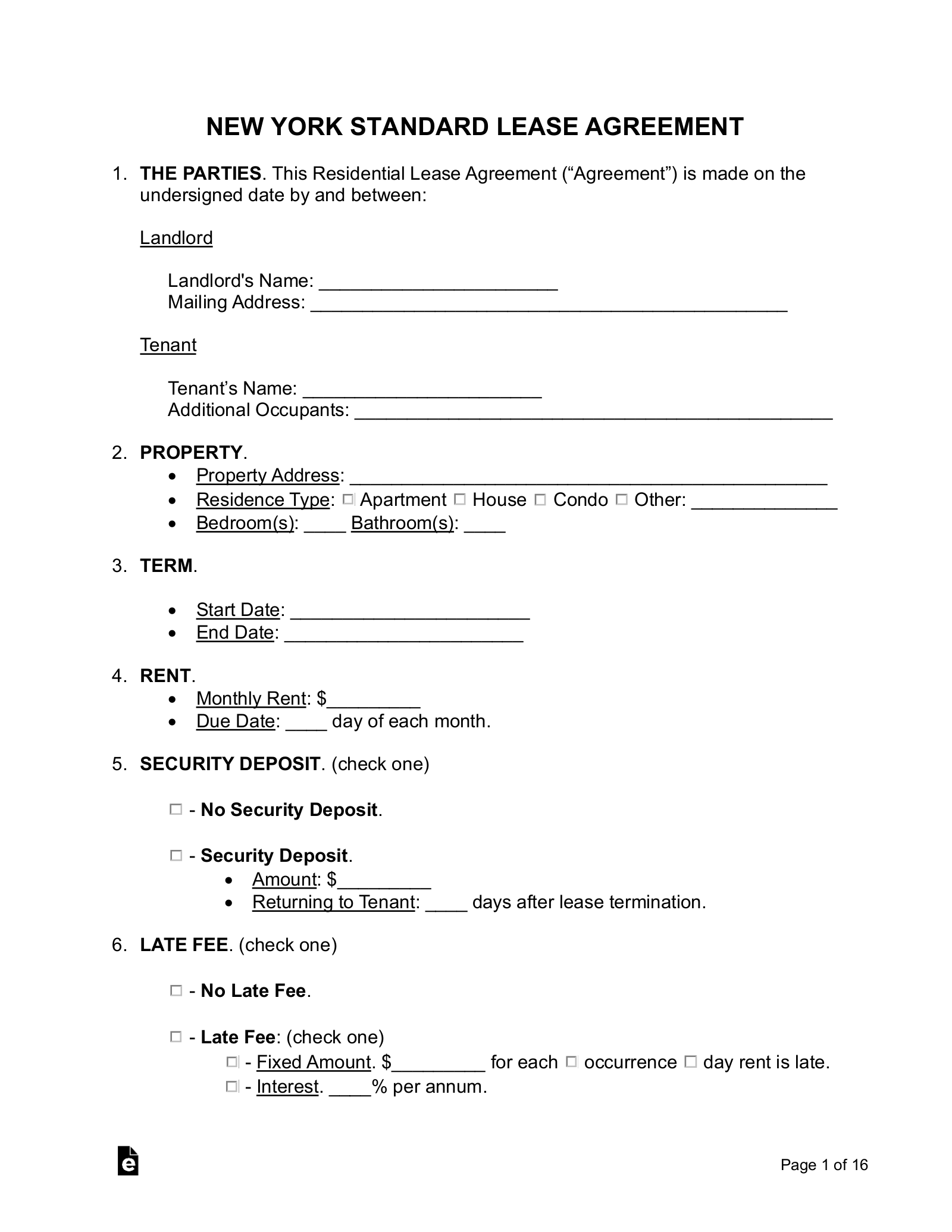 Free New York Standard Residential Lease Agreement Template PDF 