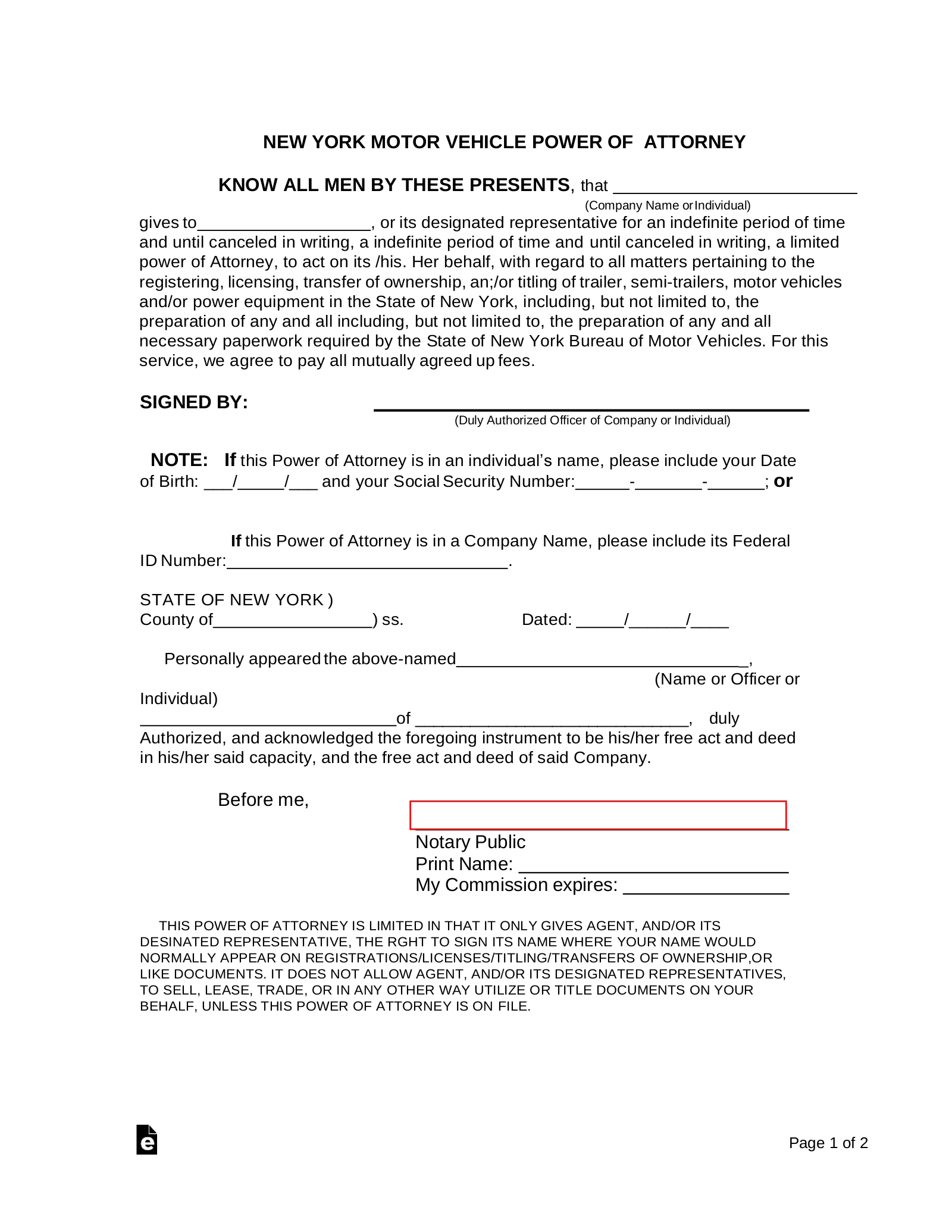 Free Printable Ny Power Of Attorney Form