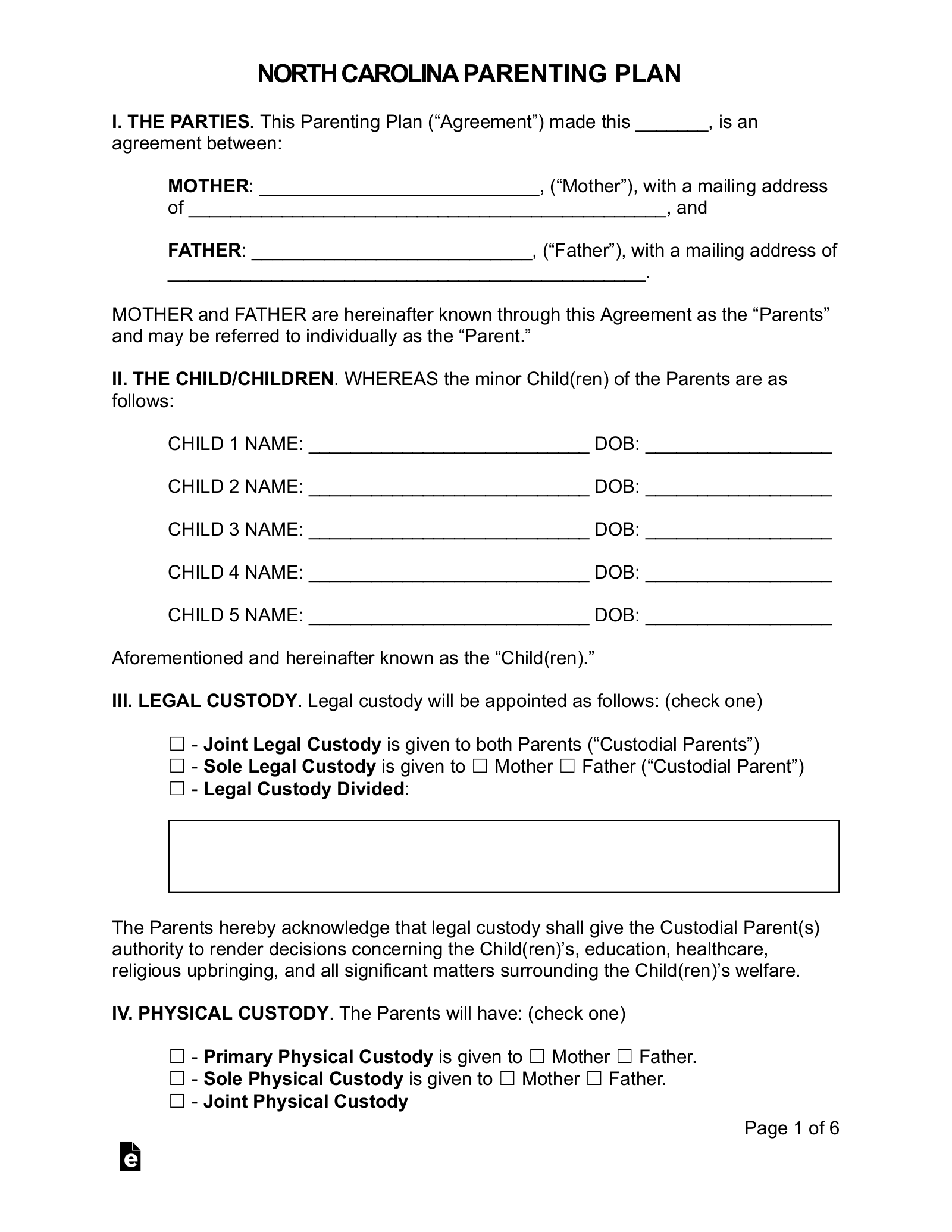 Free North Carolina Custody Parenting Plan PDF Word EForms Worksheets Library
