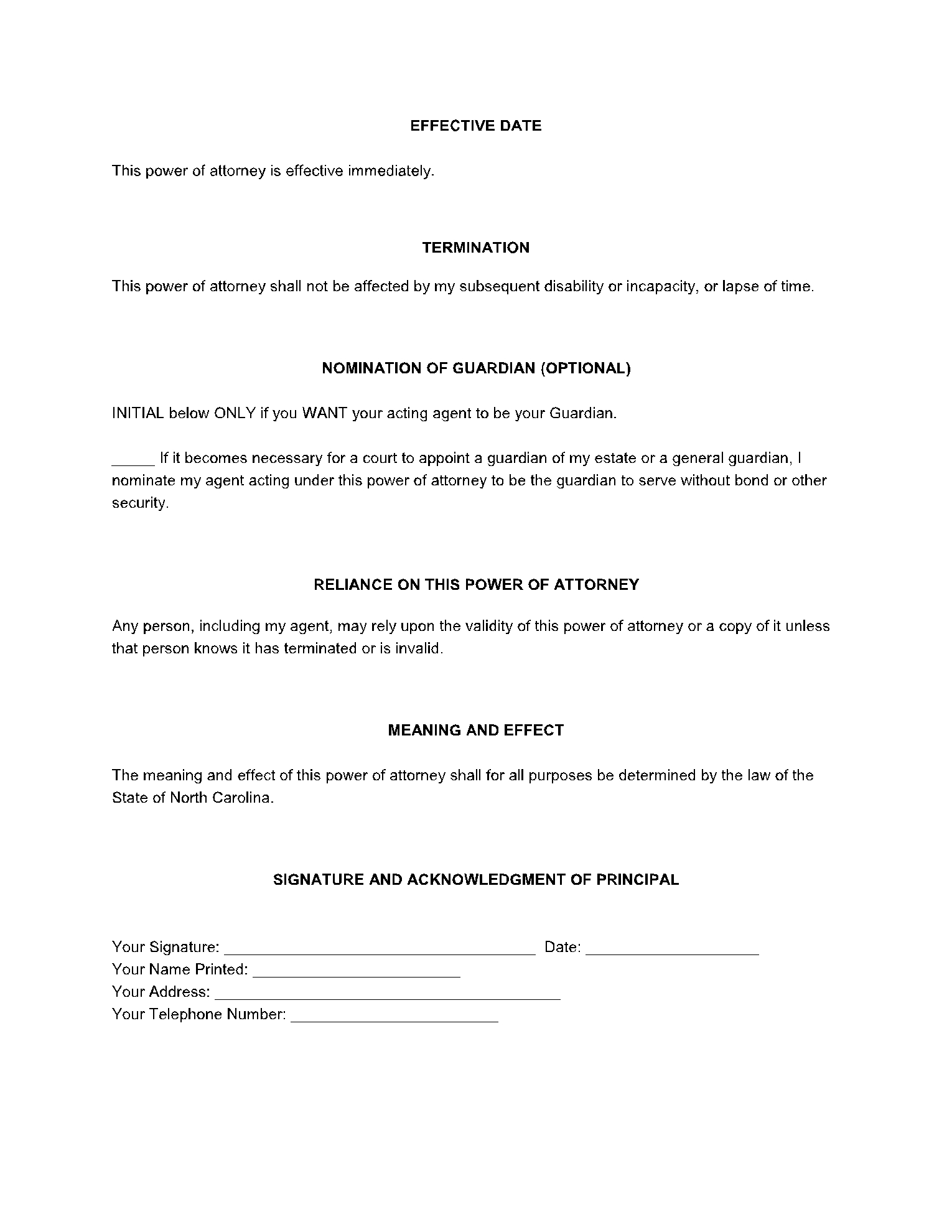 Free Printable Durable Power Of Attorney Form North Carolina