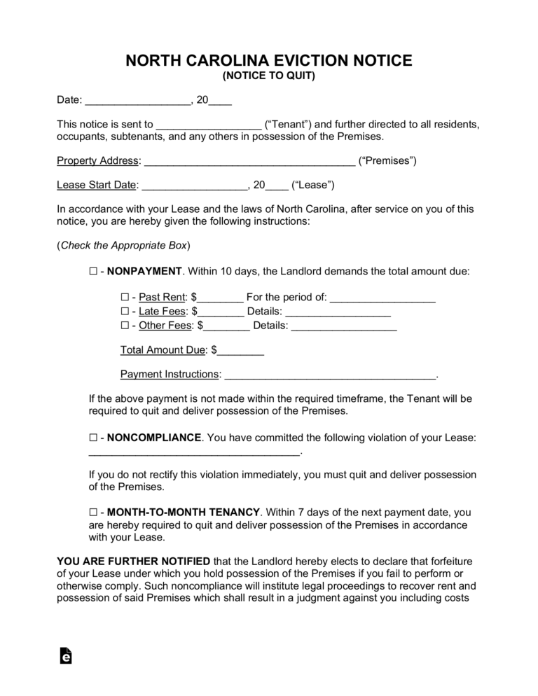 Free North Carolina Eviction Notice Forms 3 PDF Word EForms