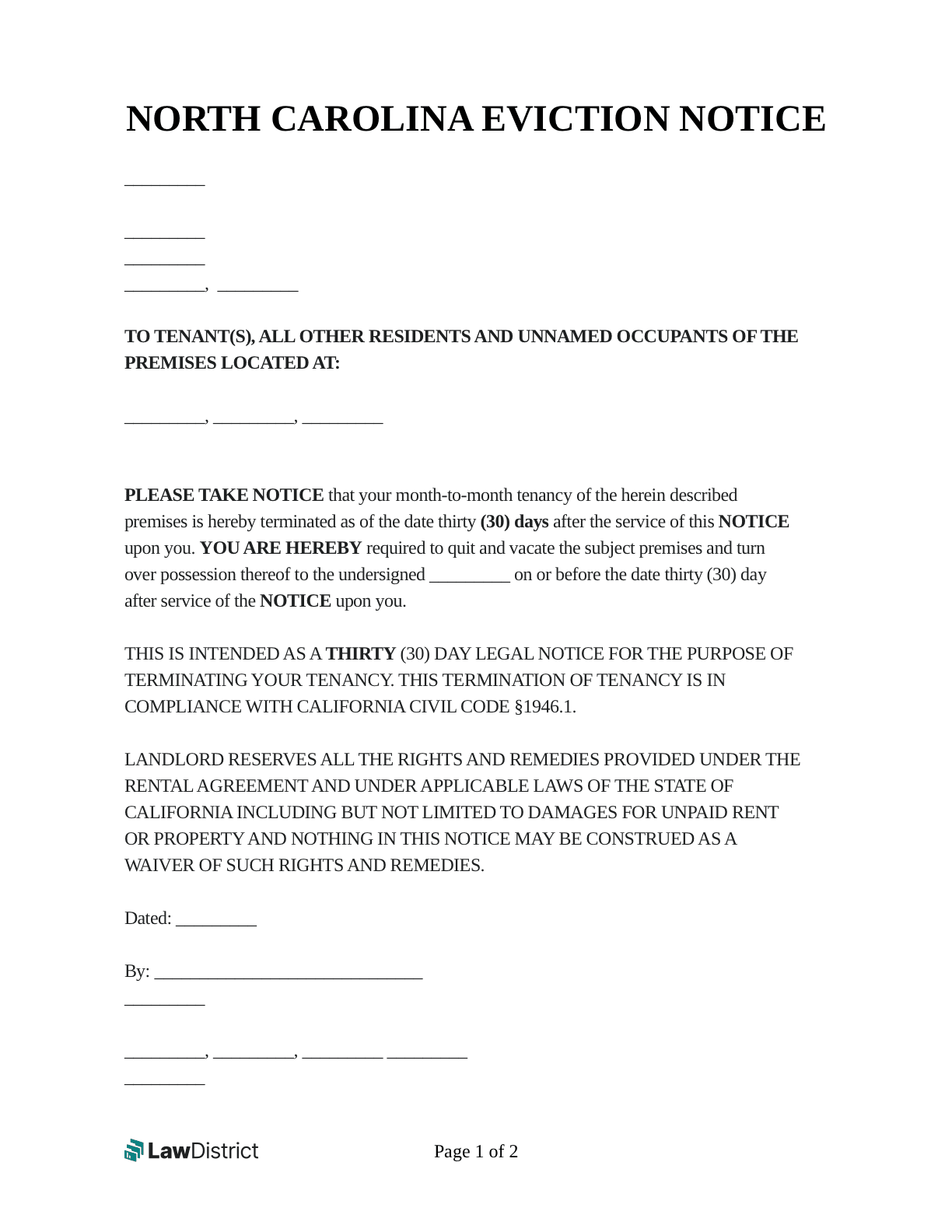 Free North Carolina Eviction Notice Notice To Quit LawDistrict