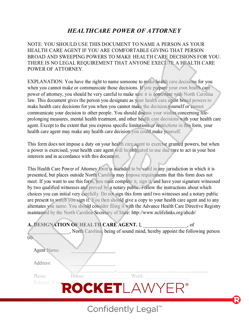 Free North Carolina Healthcare POA Make U0026 Download Rocket Lawyer
