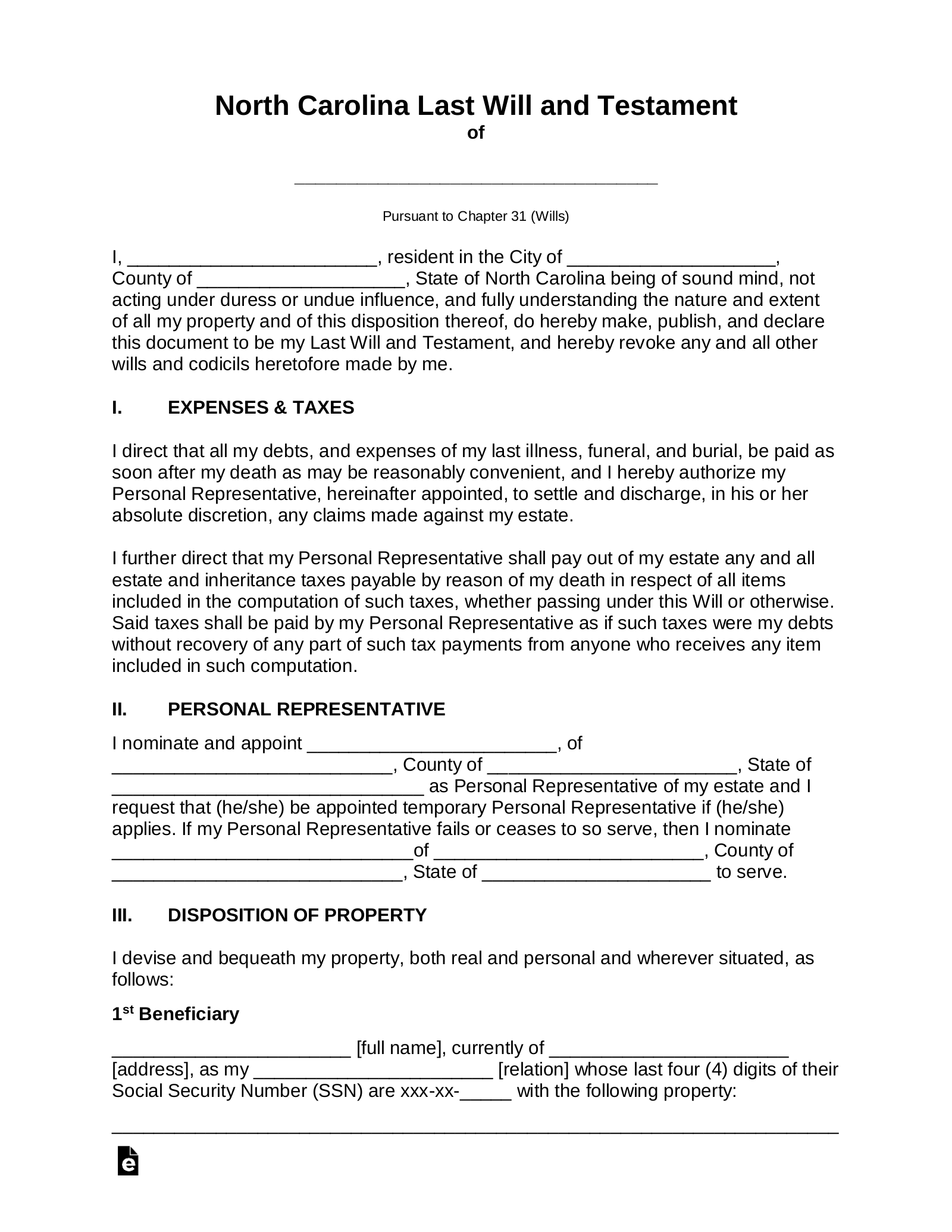 Free North Carolina Last Will And Testament Template PDF Word EForms