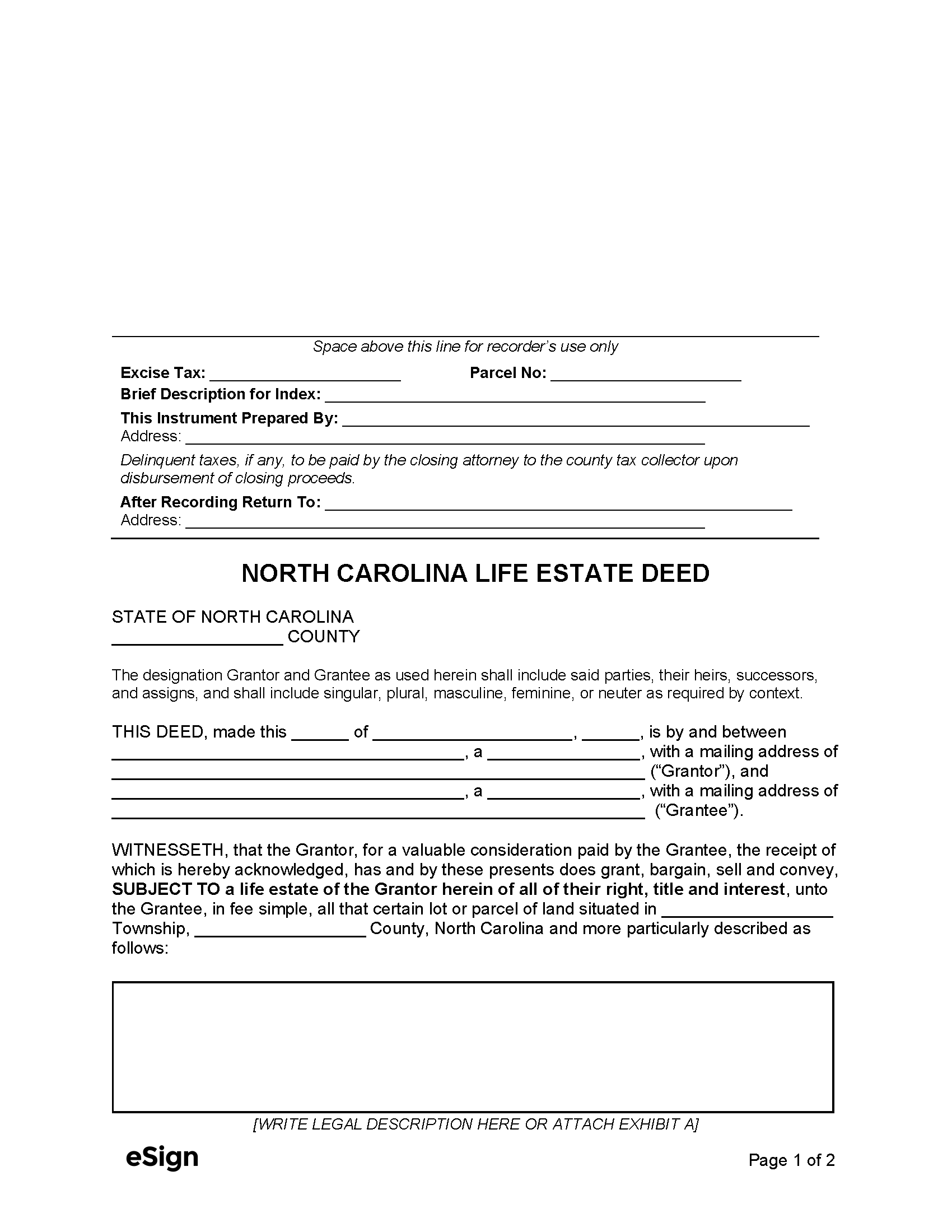 Free North Carolina Life Estate Deed Form PDF Word
