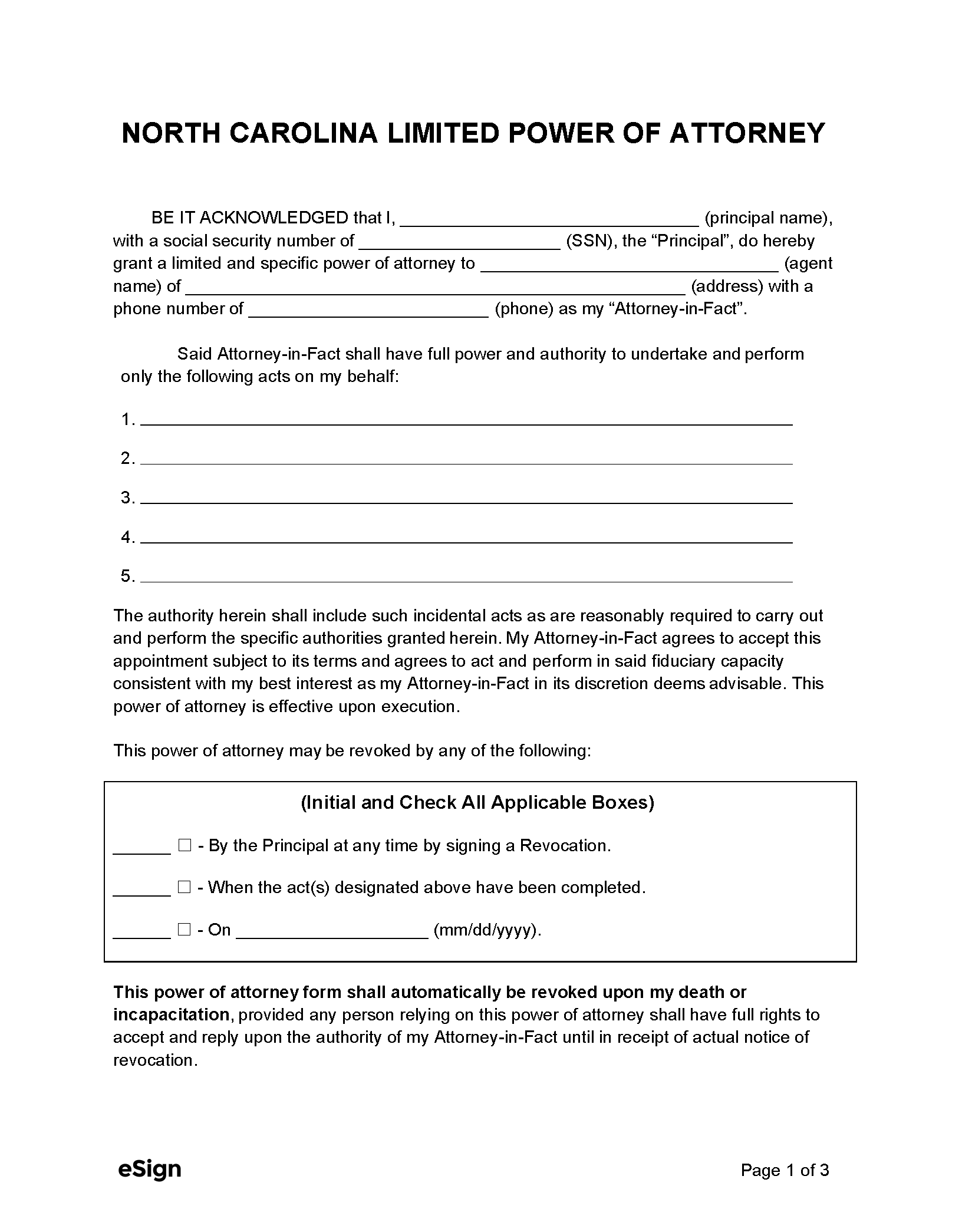 Free North Carolina Limited Power Of Attorney Form PDF Word