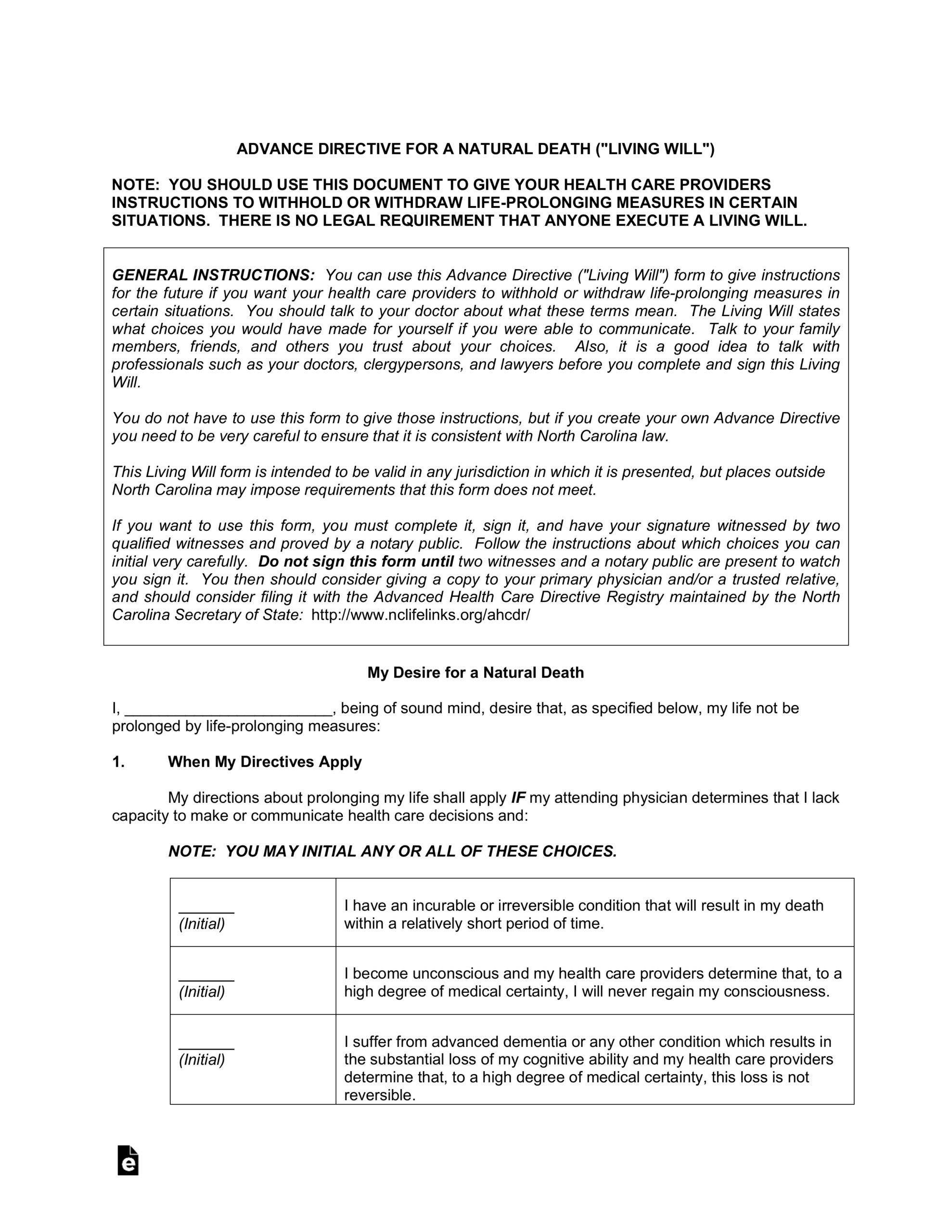 Free North Carolina Living Will Form Template PDF EForms