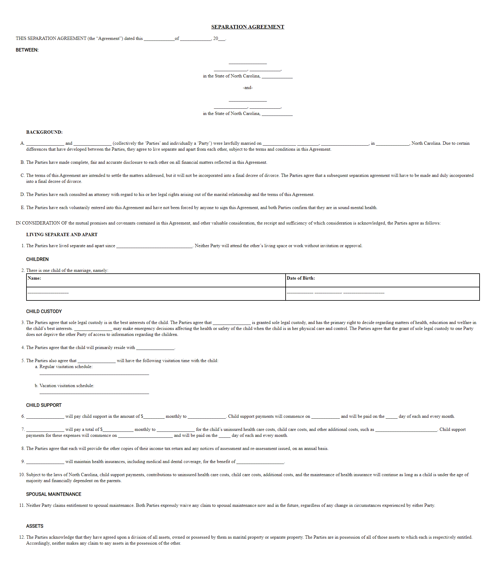 Free North Carolina Marital Separation Agreement Forms Legal Worksheets Library