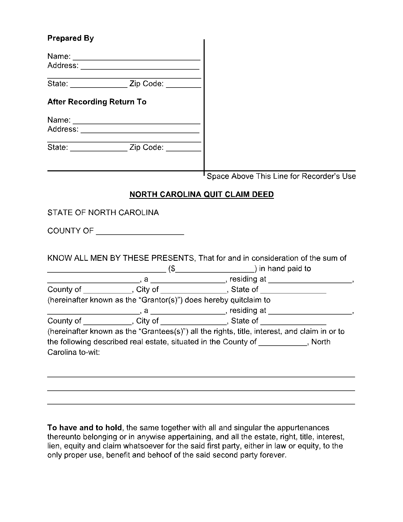 Free North Carolina Quit Claim Deed Form 2021 CocoSign