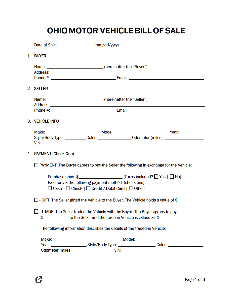 Free Ohio Bill Of Sale Forms 5 PDF WORD RTF