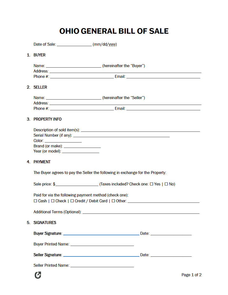Free Ohio General Bill Of Sale Form PDF WORD RTF