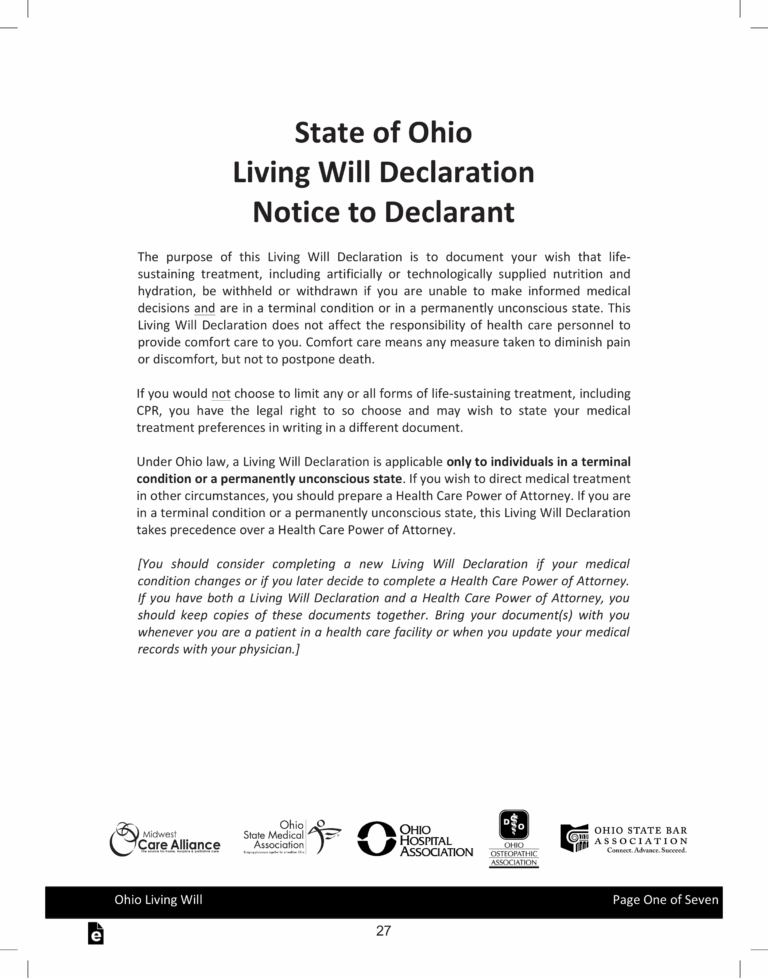 Free Ohio Living Will Form Declaration Template PDF EForms