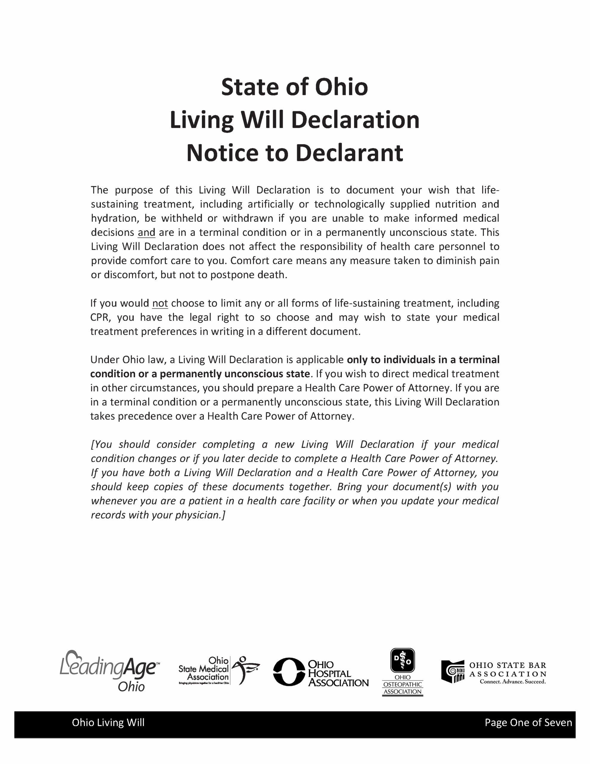 Free Ohio Living Will Form PDF