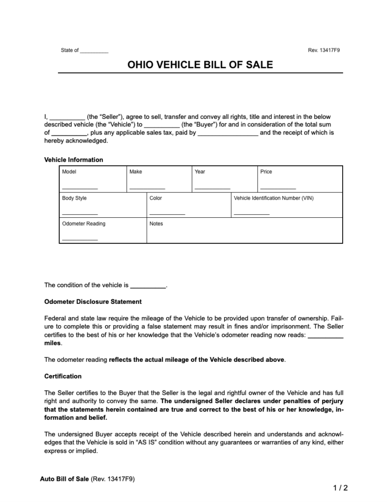 Free Ohio Motor Vehicle Bill Of Sale Form PDF U0026 Word
