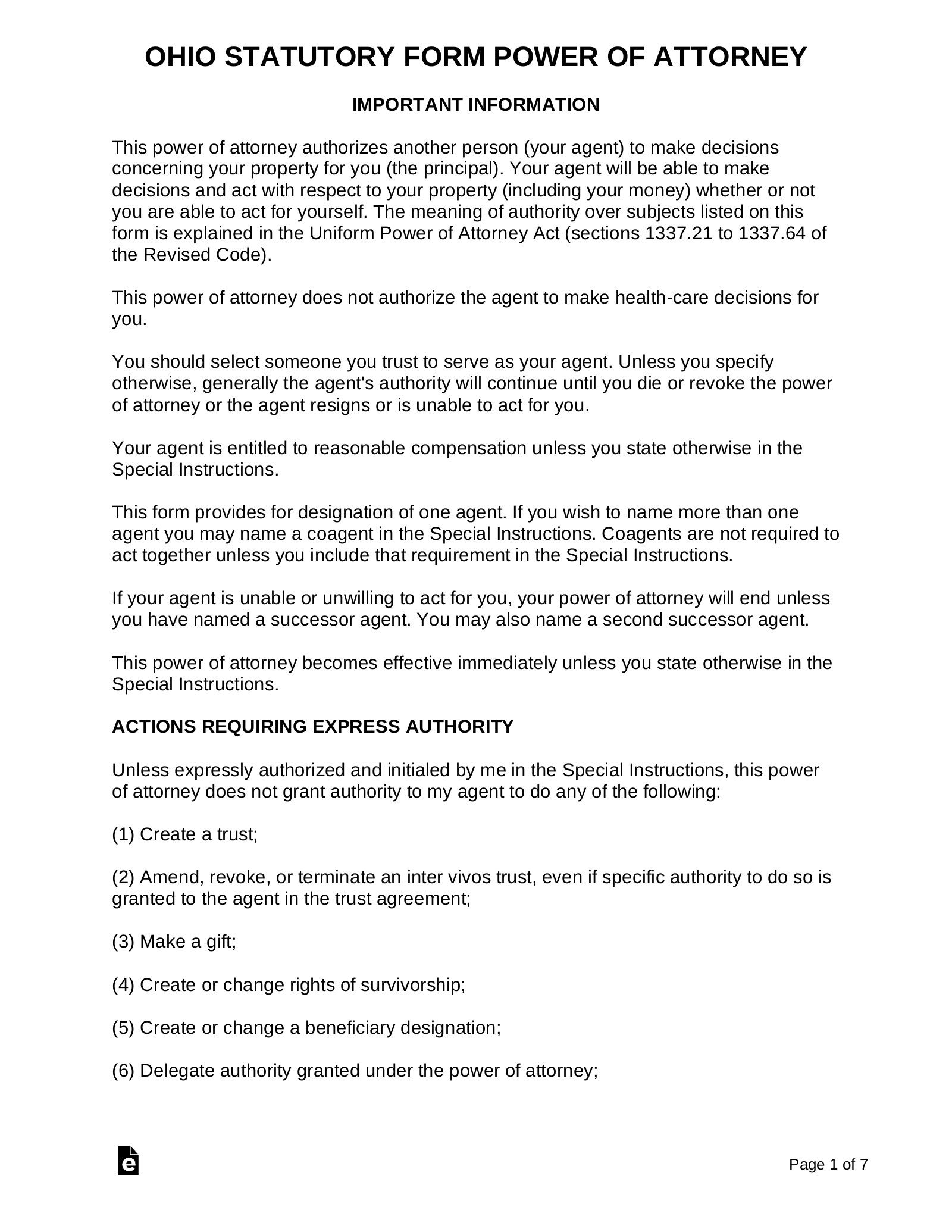Free Poa Printable Forms Ohio