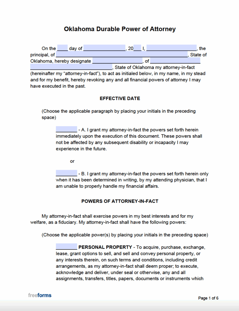 Free Oklahoma Power Of Attorney Forms PDF Word