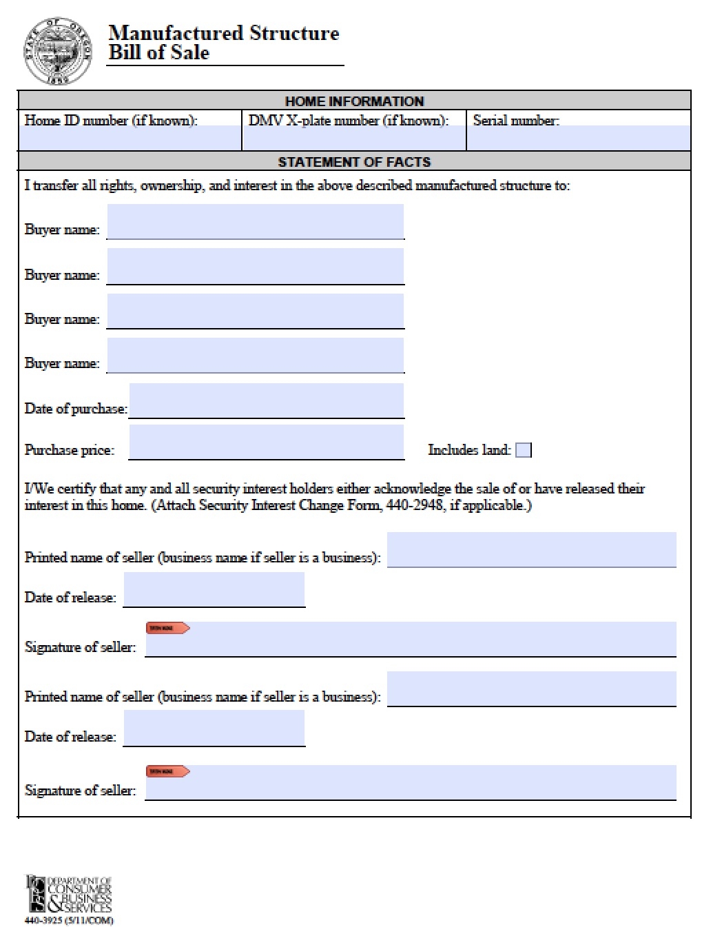 Free Manufactured Home Bill Of Sale Form To Printable