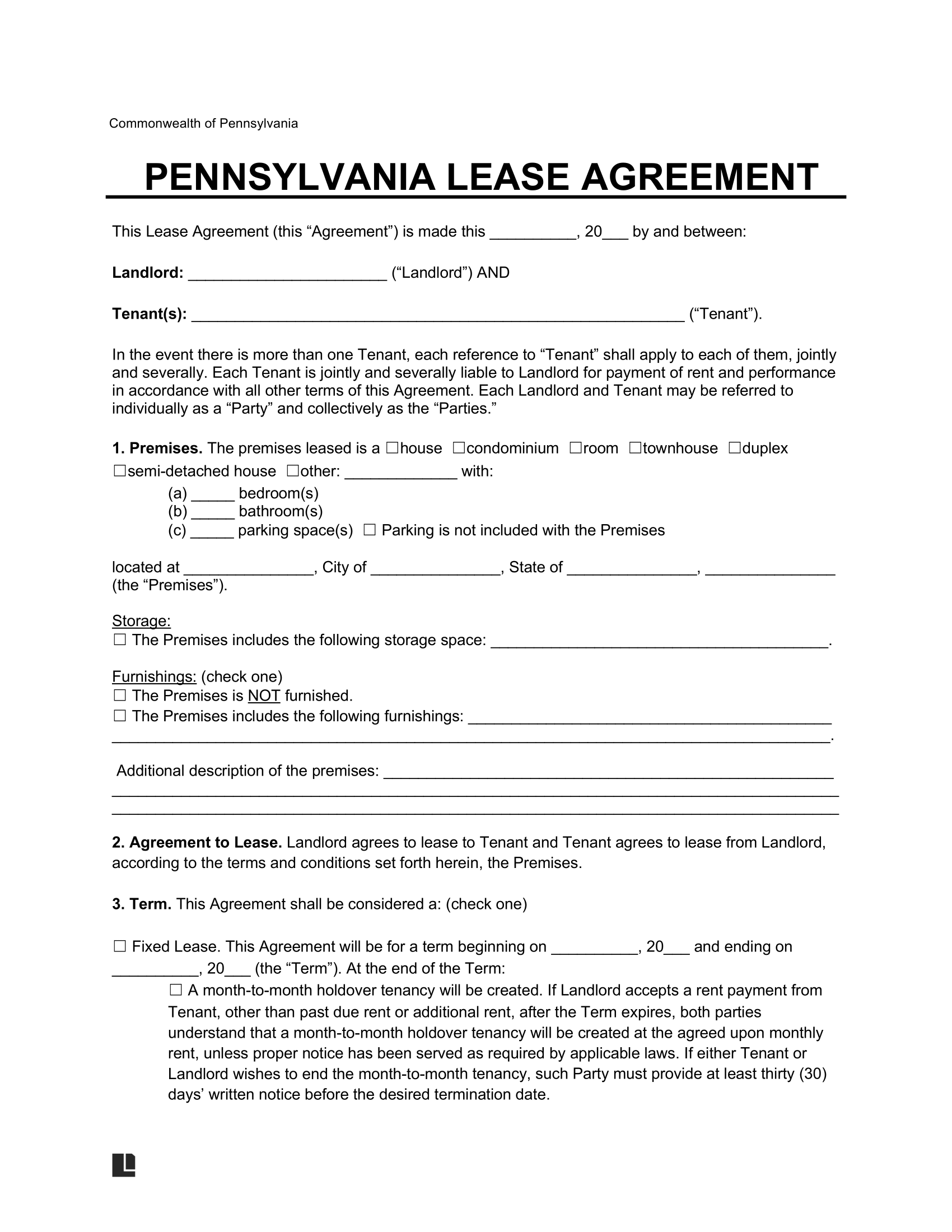 Free Pennsylvania Lease Agreement Templates 6 PDF U0026 Word