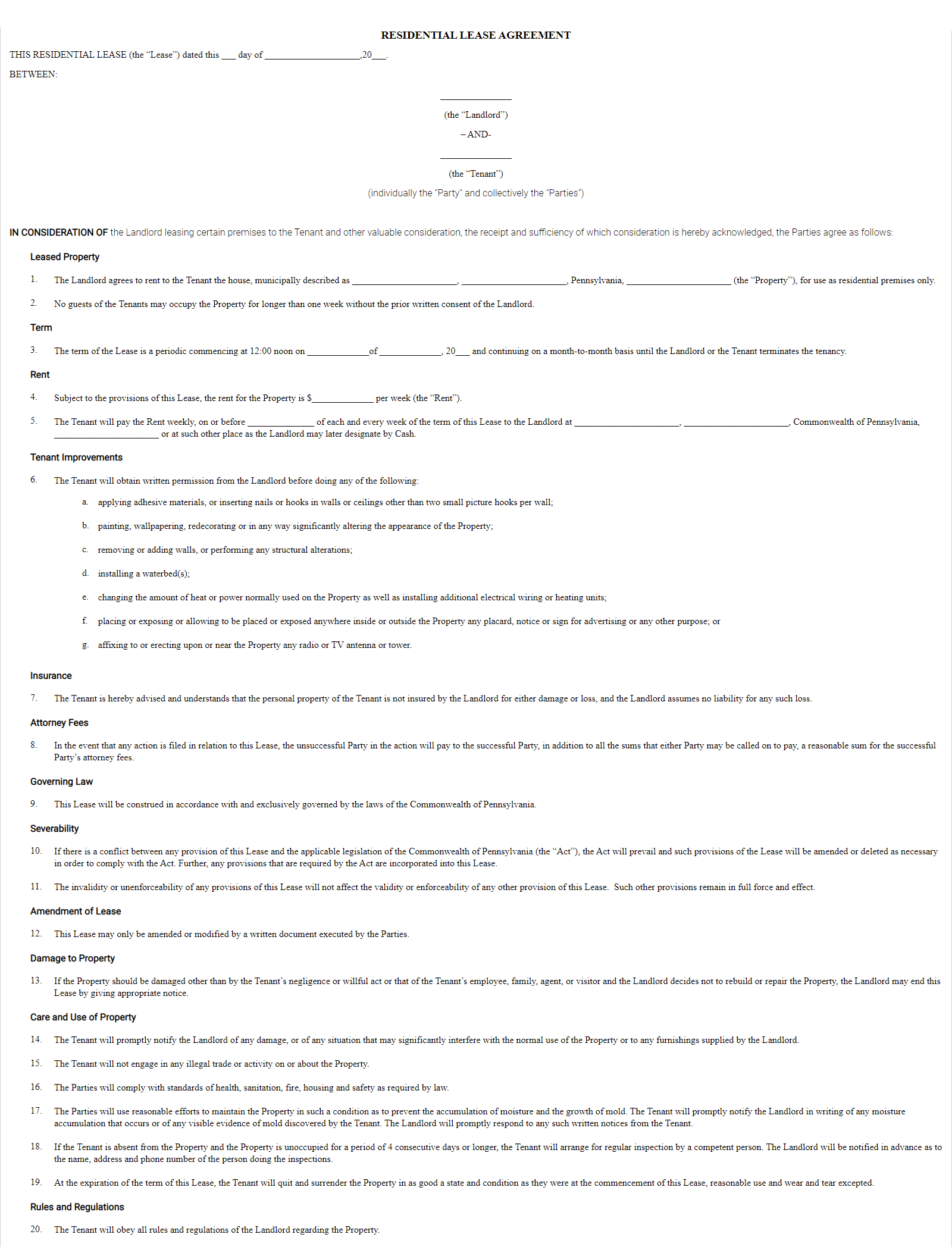 Free Pennsylvania PA Monthly Rental Lease Agreement Form Forms 