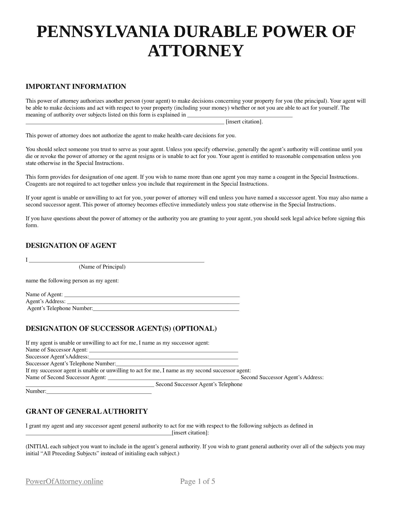 Free Pennsylvania PA Power Of Attorney Forms U0026 Templates PDF