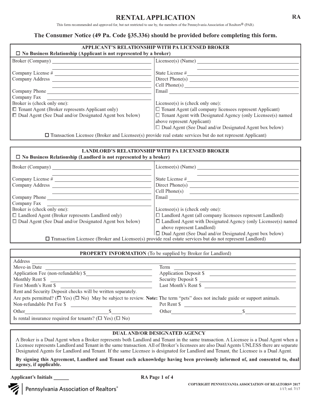 Free Printable Tenant Application Form Pennsylvania