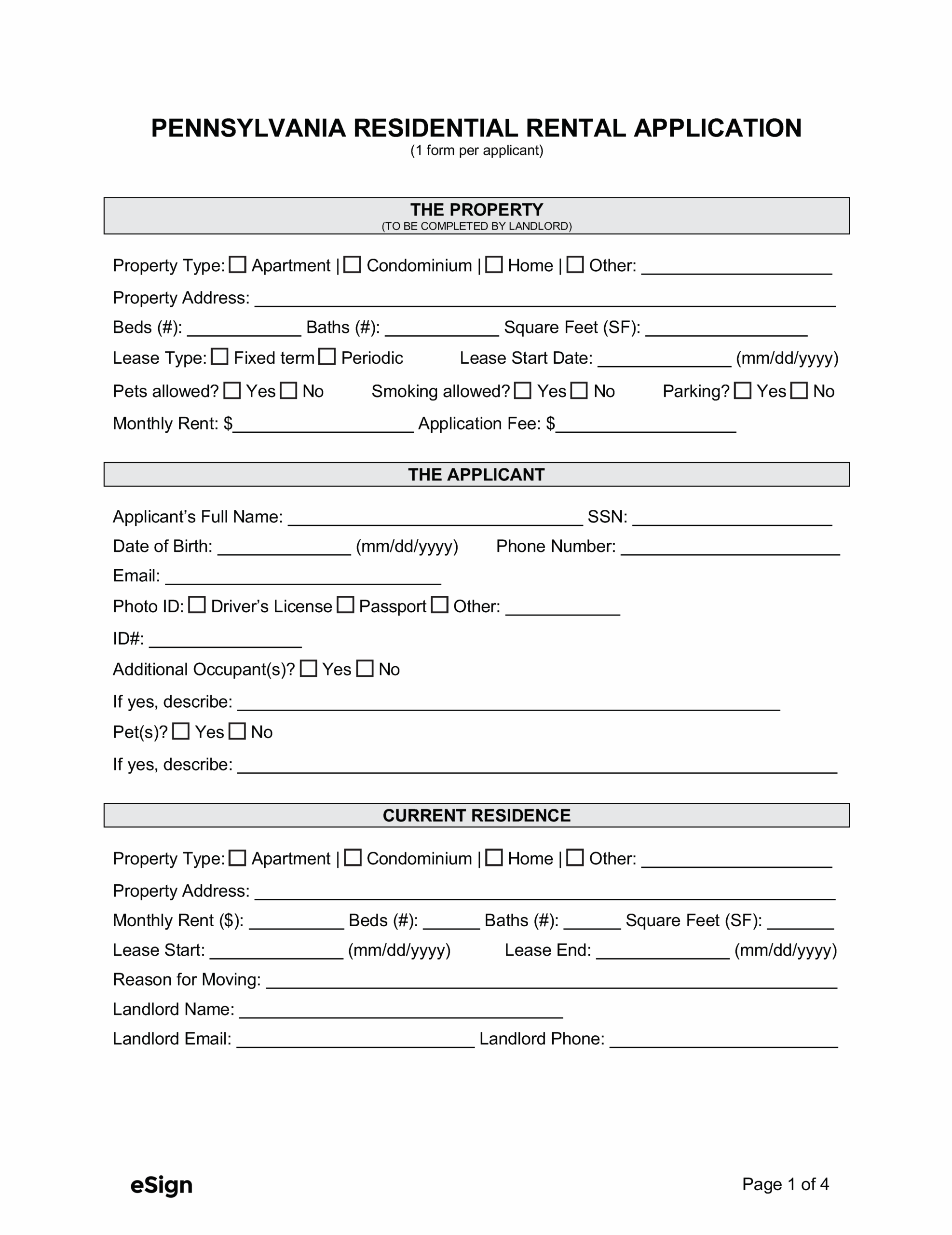 Free Pennsylvania Rental Application Form Template PDF Word