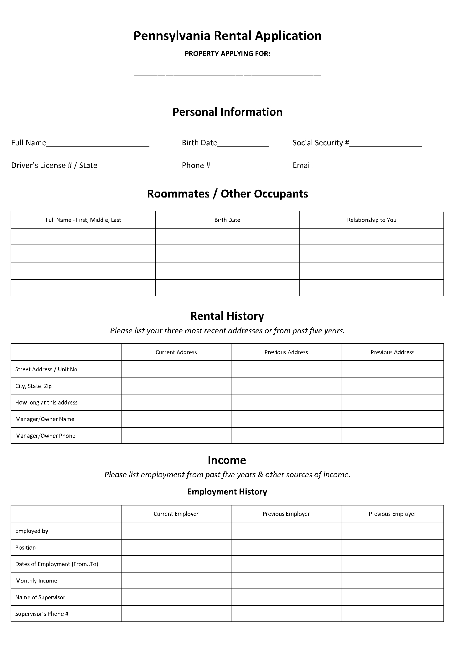 Free Pennsylvania Rental Application Template CocoSign