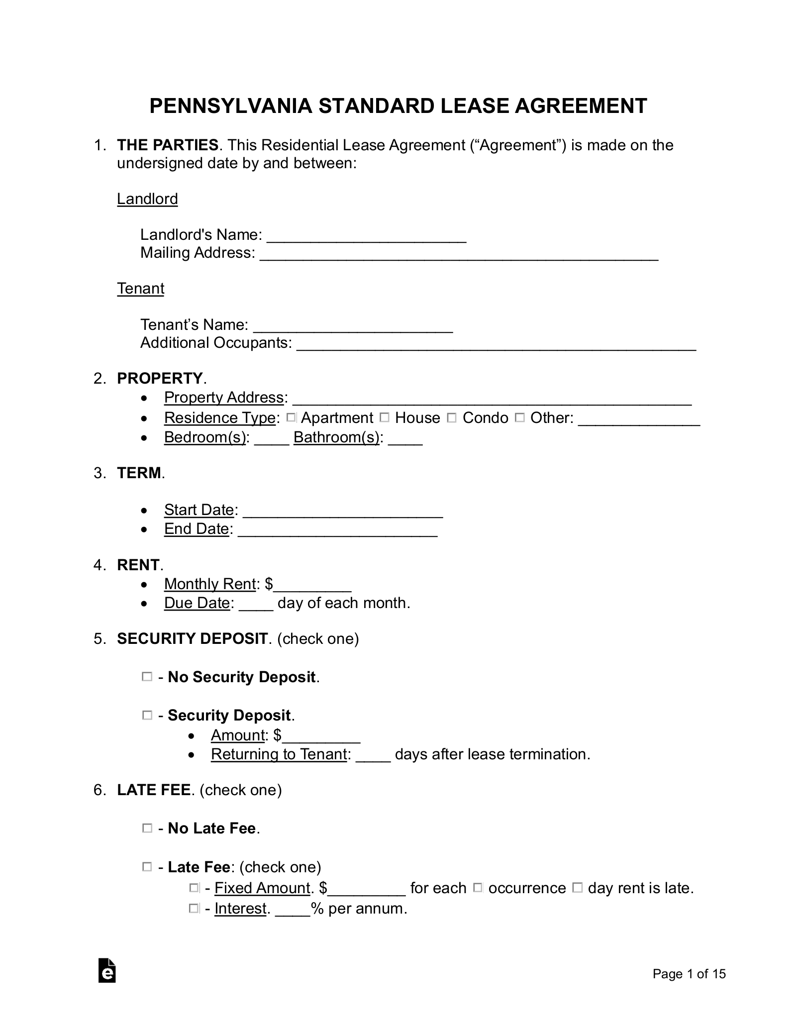 Free Pennsylvania Standard Residential Lease Agreement Template 